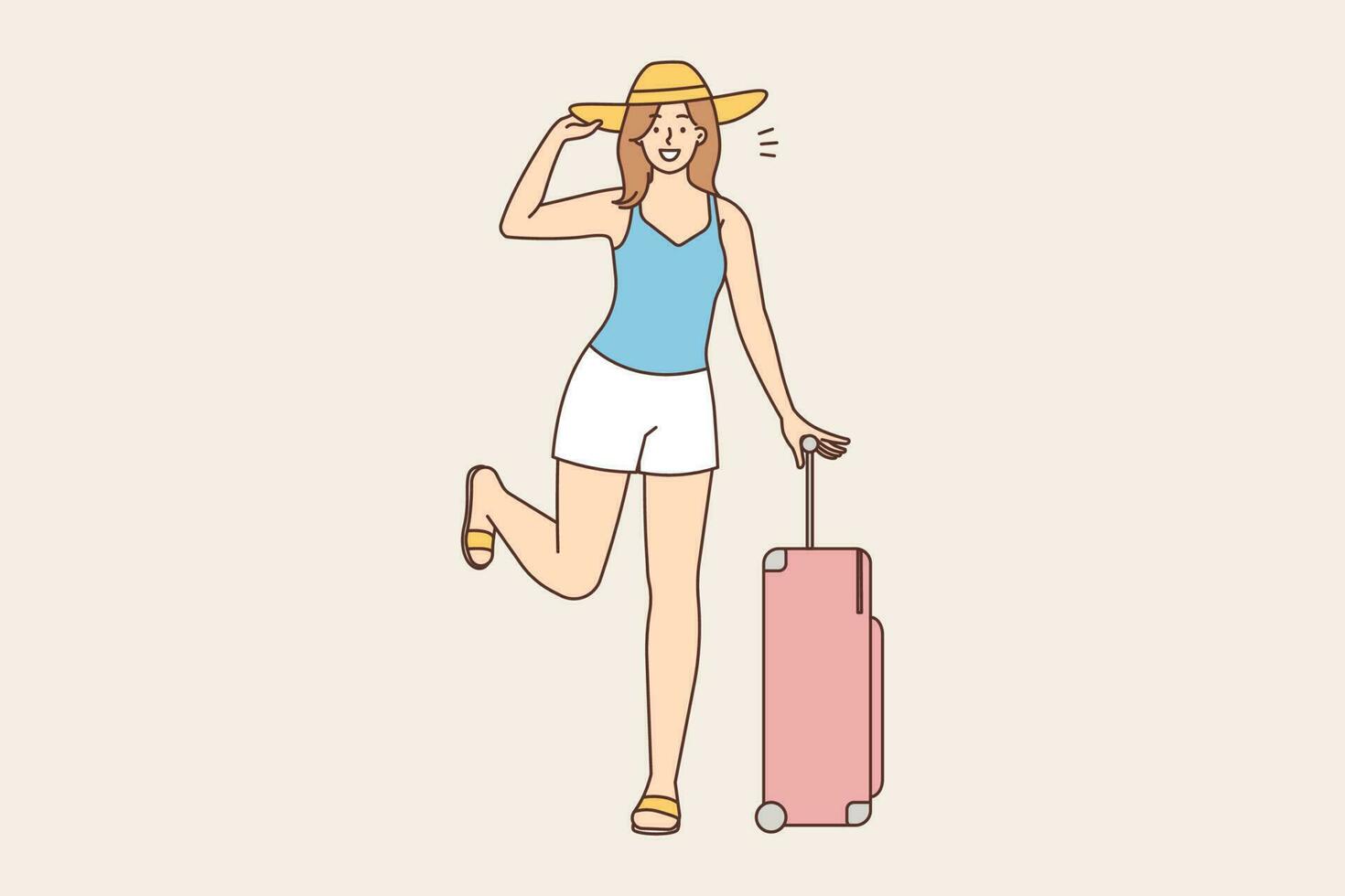 lächelnd jung Frau mit Koffer aufgeregt Über Sommer- Reise. glücklich Mädchen mit Gepäck bereit zum Reise. Sommer Tourismus Konzept. Vektor Illustration.