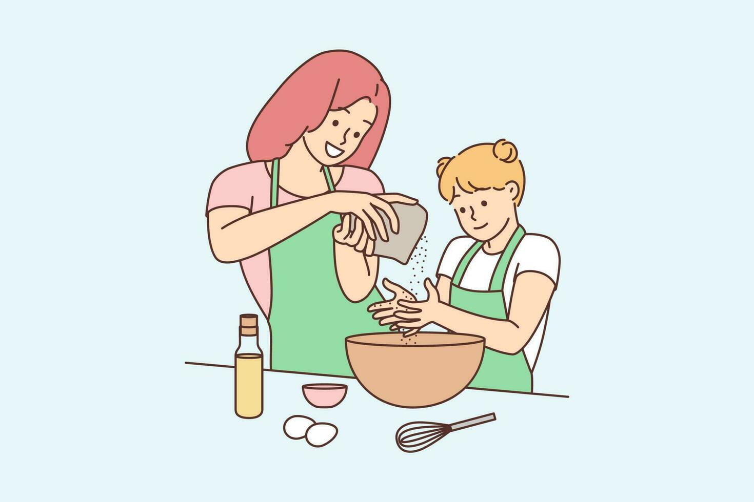 glücklich jung Mutter und Tochter Kochen beim Zuhause zusammen. lächelnd Mama und Mädchen Kind haben Spaß Backen im Küche. Mutterschaft Konzept. Vektor Illustration.