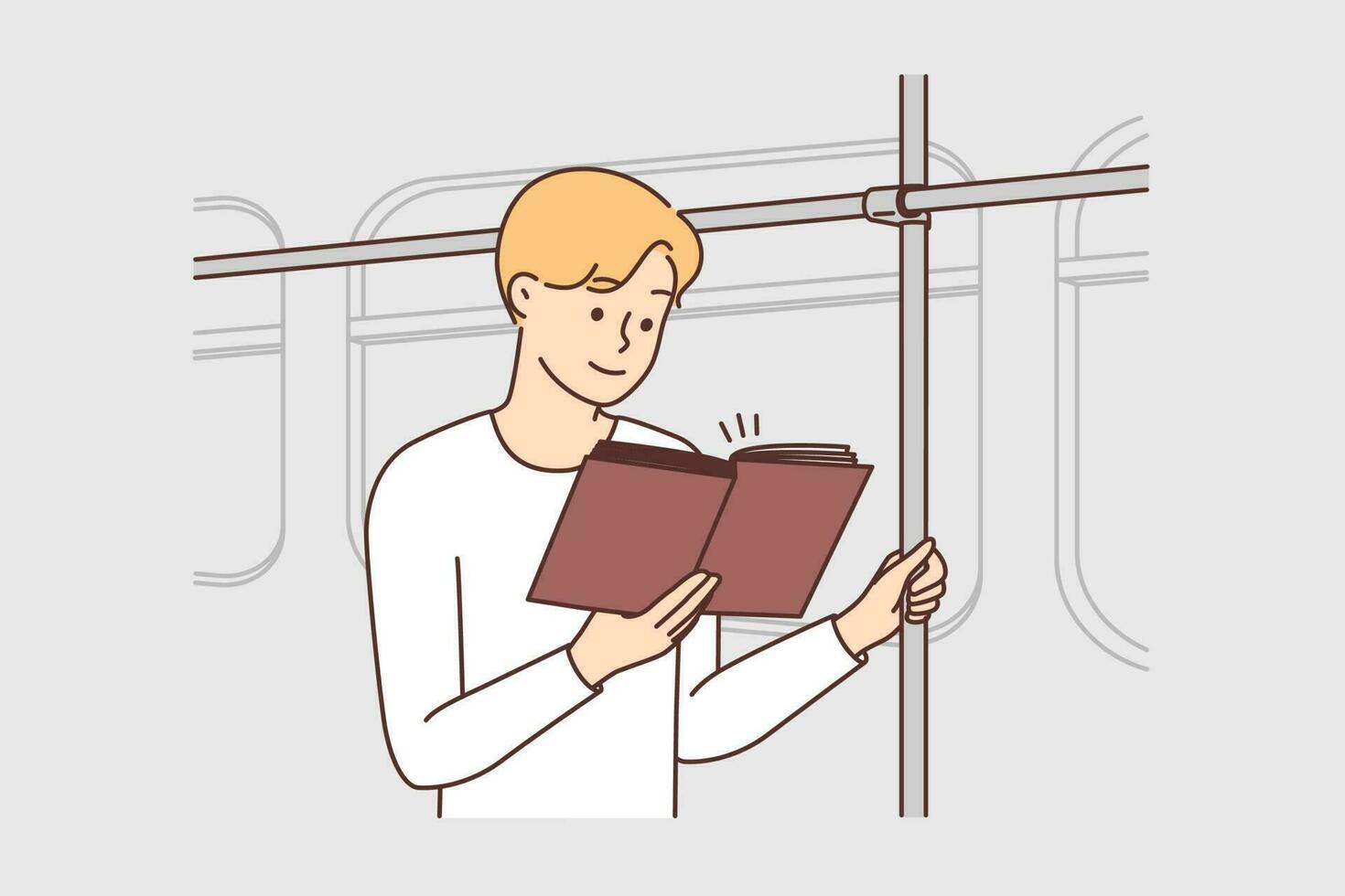 ung man ridning i buss läsning bok. leende kille i offentlig transport njut av litteratur. hobby och utbildning. vektor illustration.