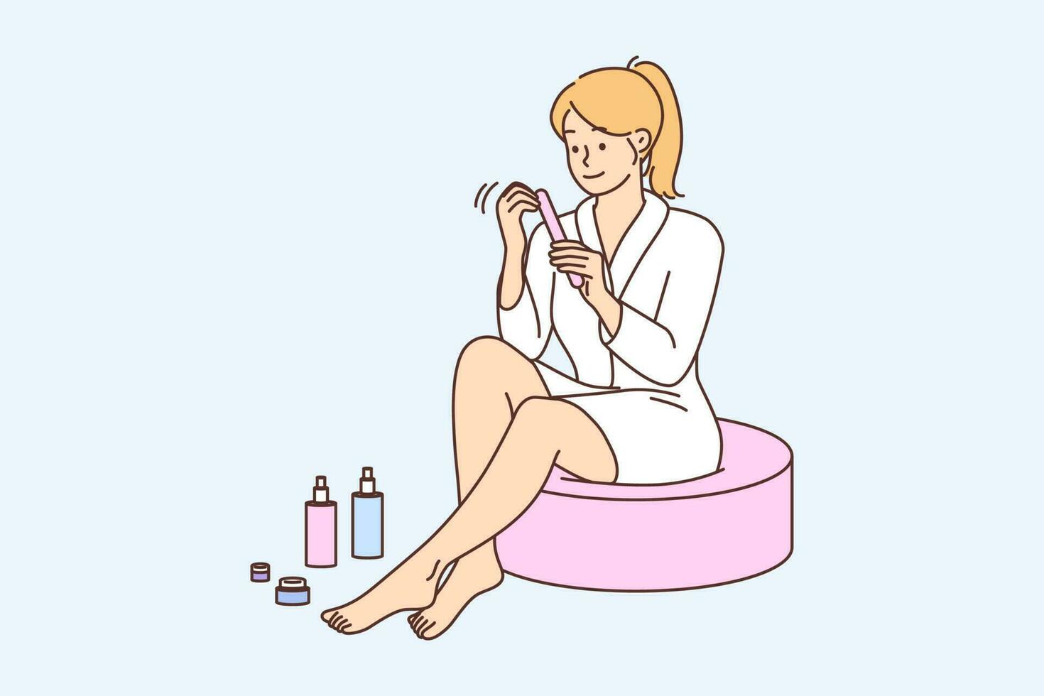 glücklich jung Frau im Bademantel tun Maniküre beim heim. lächelnd Mädchen genießen Schönheit Tag nehmen Pflege von Körper Hygiene. Kosmetologie und Kosmetikerin. Vektor Illustration.