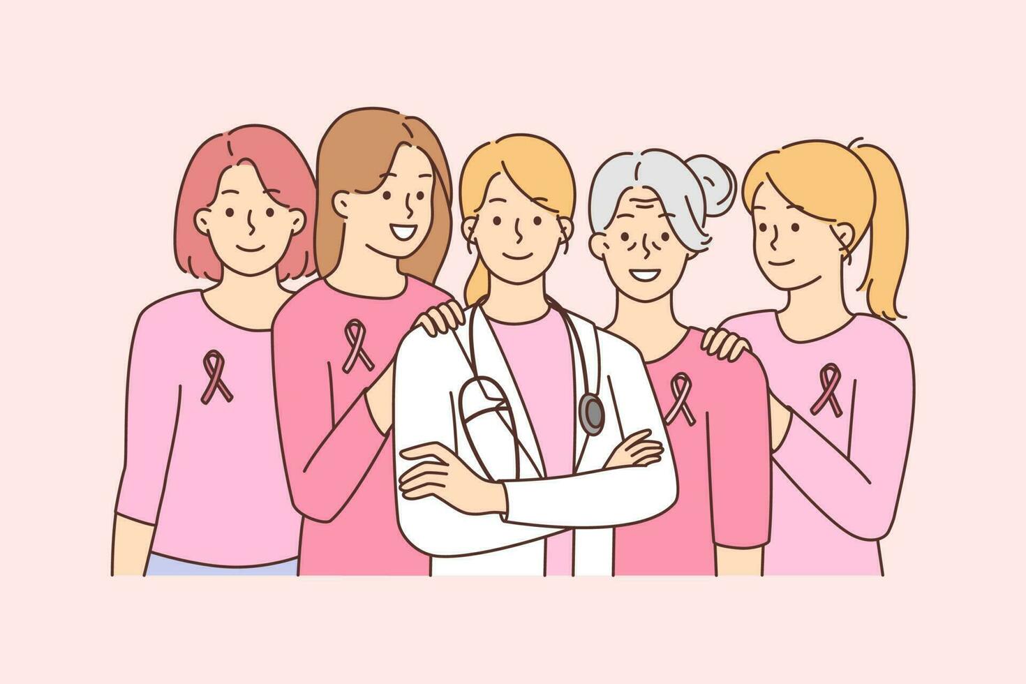 Lycklig friska kvinnor och kvinna onkolog stående Framställ tillsammans. leende läkare med patienter slå cancer. sjukvård begrepp. vektor illustration.
