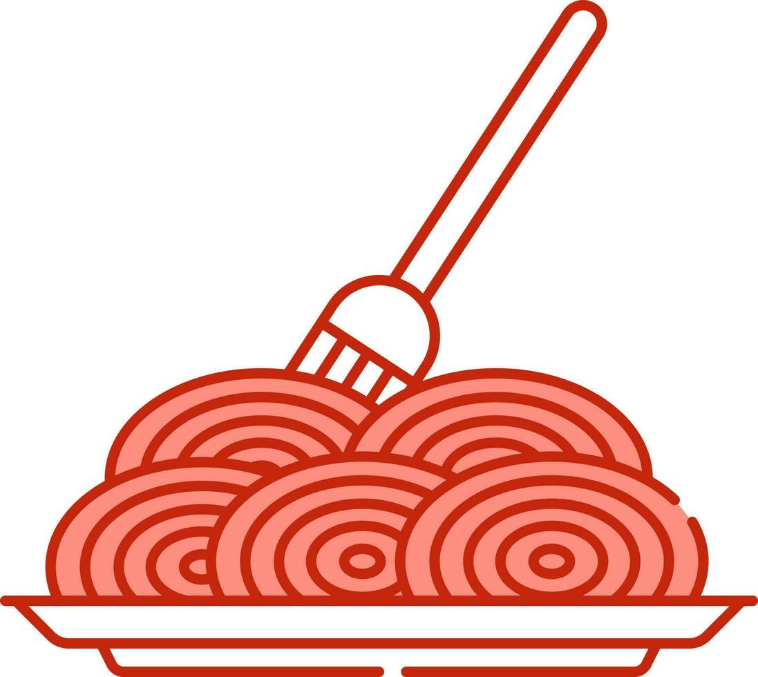 spaghetti med gaffel på tallrik ikon i ljus röd och vit Färg. vektor
