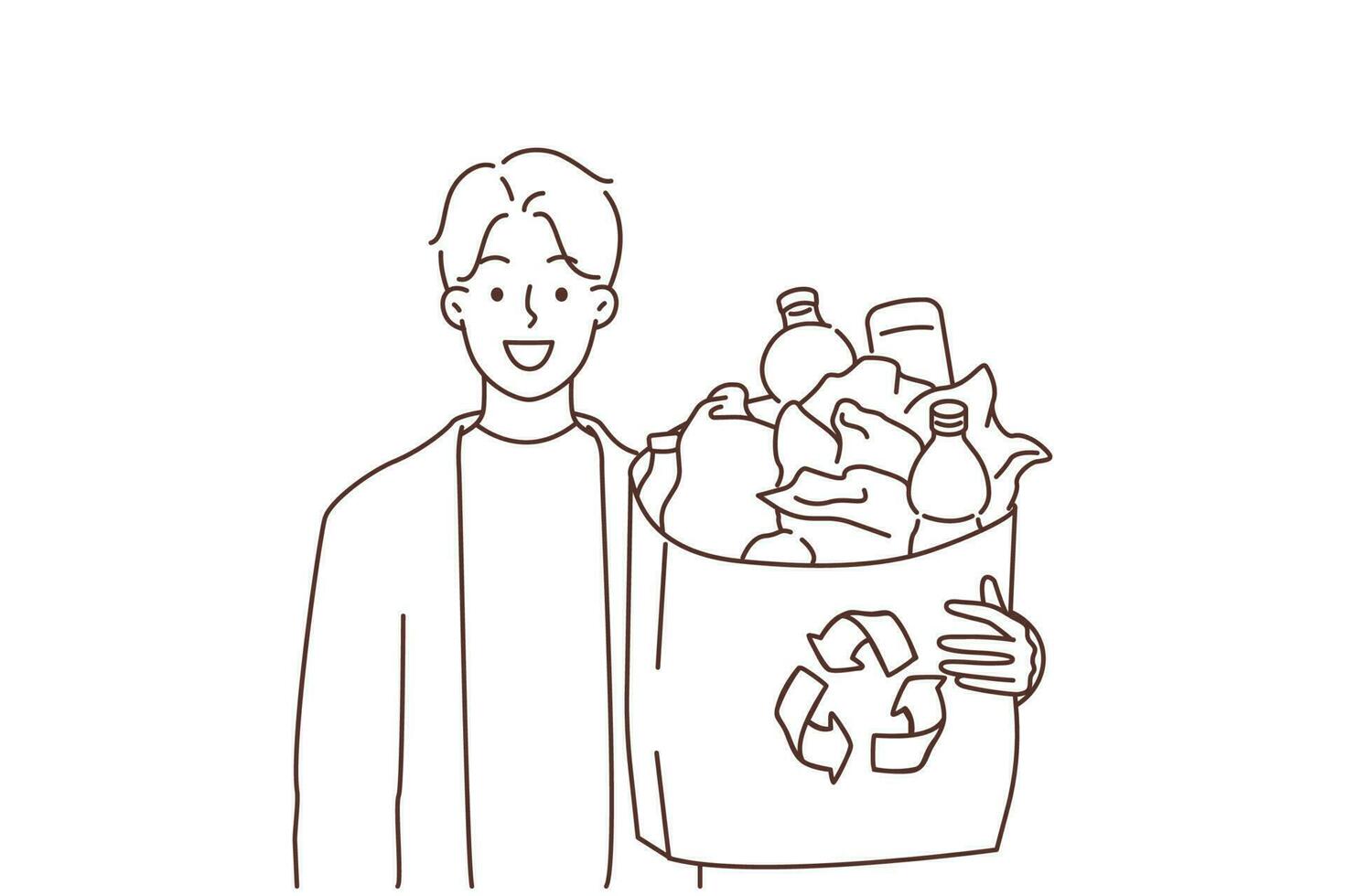 lächelnd Mann halt Tasche mit Plastik Flaschen zum Nutzung. glücklich Kerl recyceln Plastik Pflege Über Planet und Umgebung Sicherheit. Vektor Illustration.