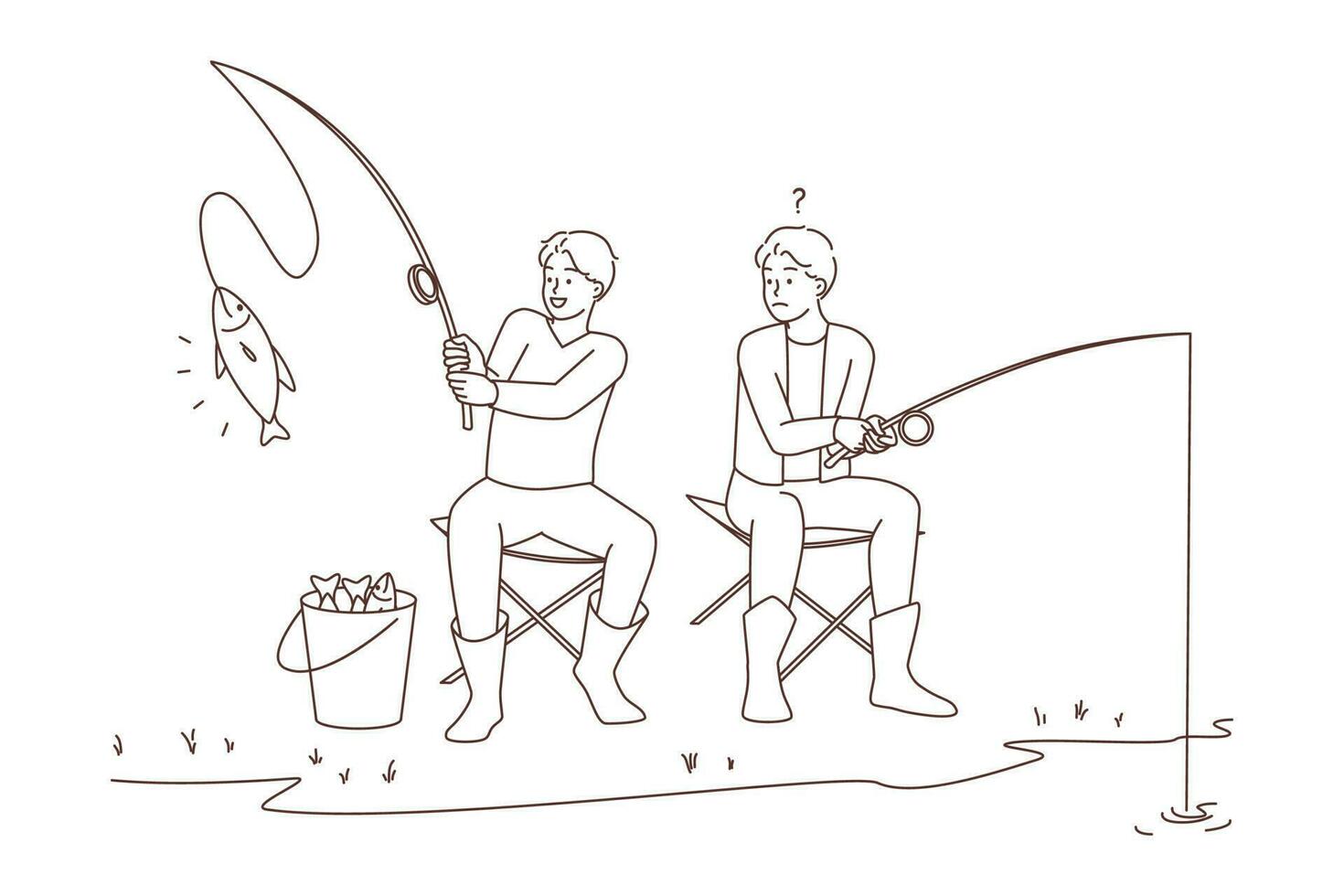 män Sammanträde på flod Bank fiske. kille frustrerad med vän fisk fånga. fiskare hobby utomhus. vektor illustration.