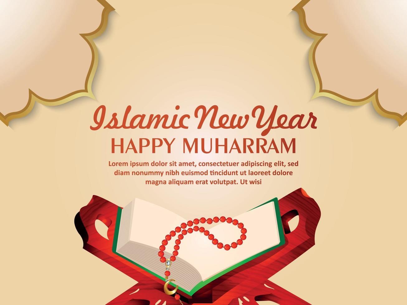 glückliche Muharram-Einladungsgrußkarte mit heiligem Buch des Korans vektor