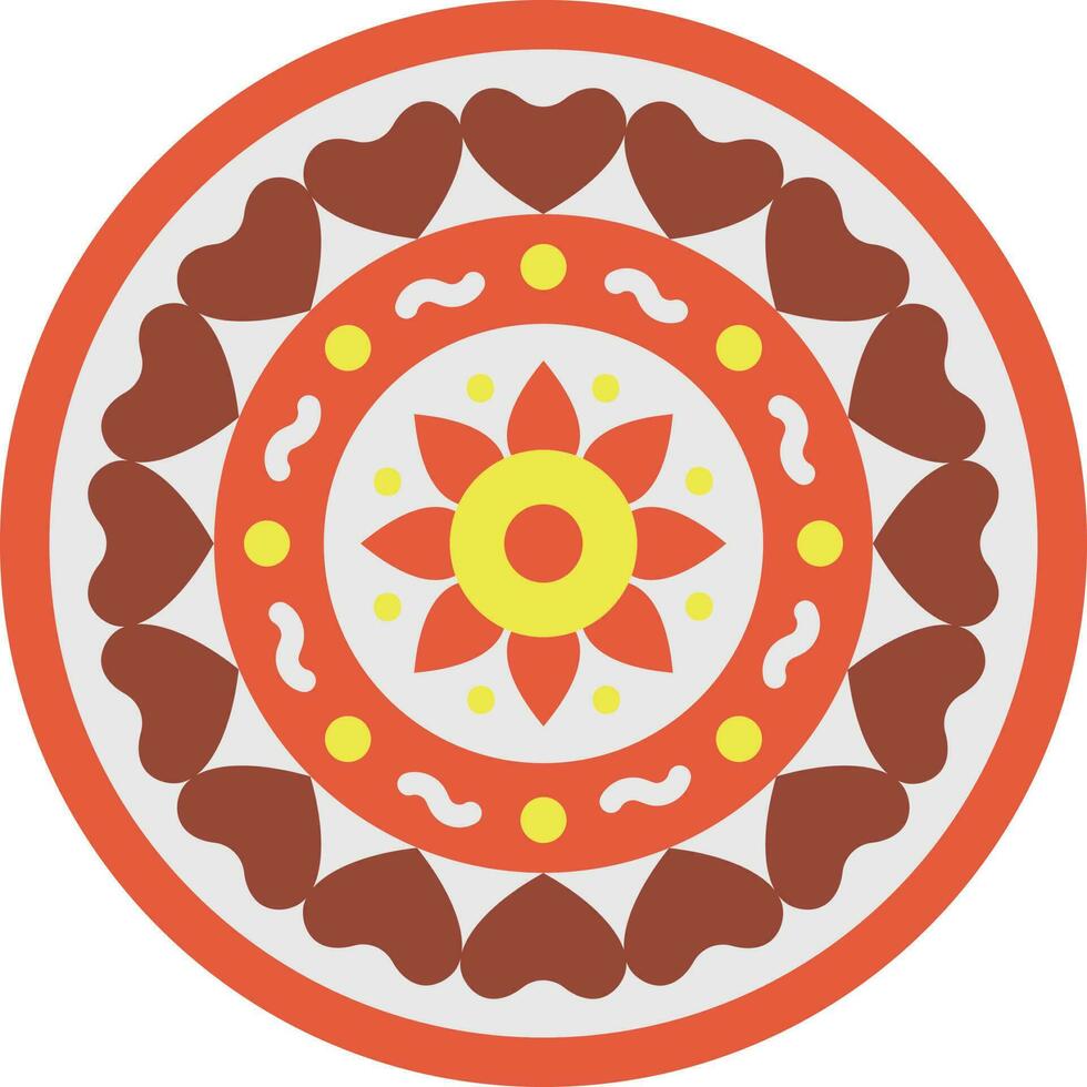 kreisförmig Herzen mit Blumen Rangoli rot und Gelb Symbol. vektor