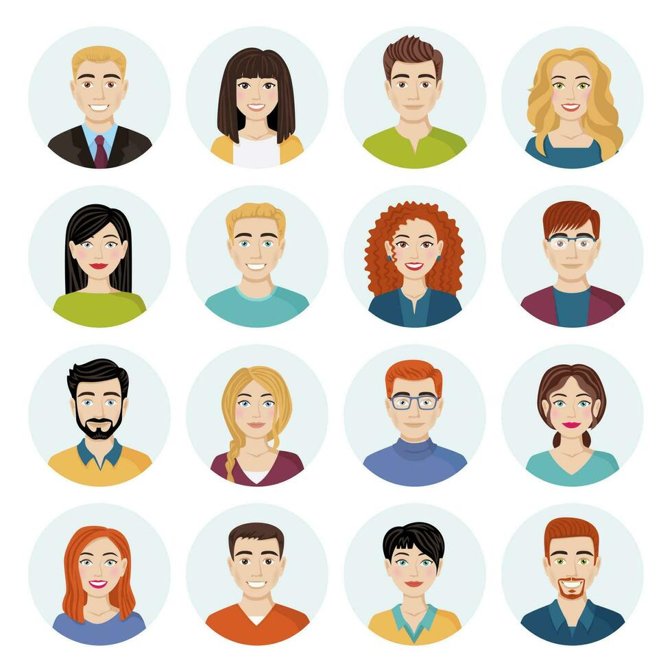 uppsättning av avatars av annorlunda leende människor. samling av tecken av män och kvinnor i runda ramar. isolerat vektor illustrationer