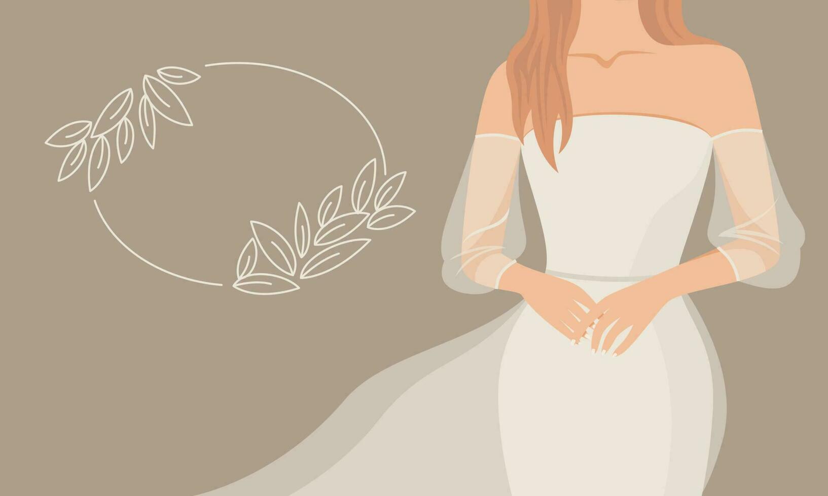 abstrakt schön Frau im ein zart Hochzeit Kleid. dekorativ Rahmen zum Text von Blätter. Konzept von Hochzeit Salon. Vektor einfach Illustration.