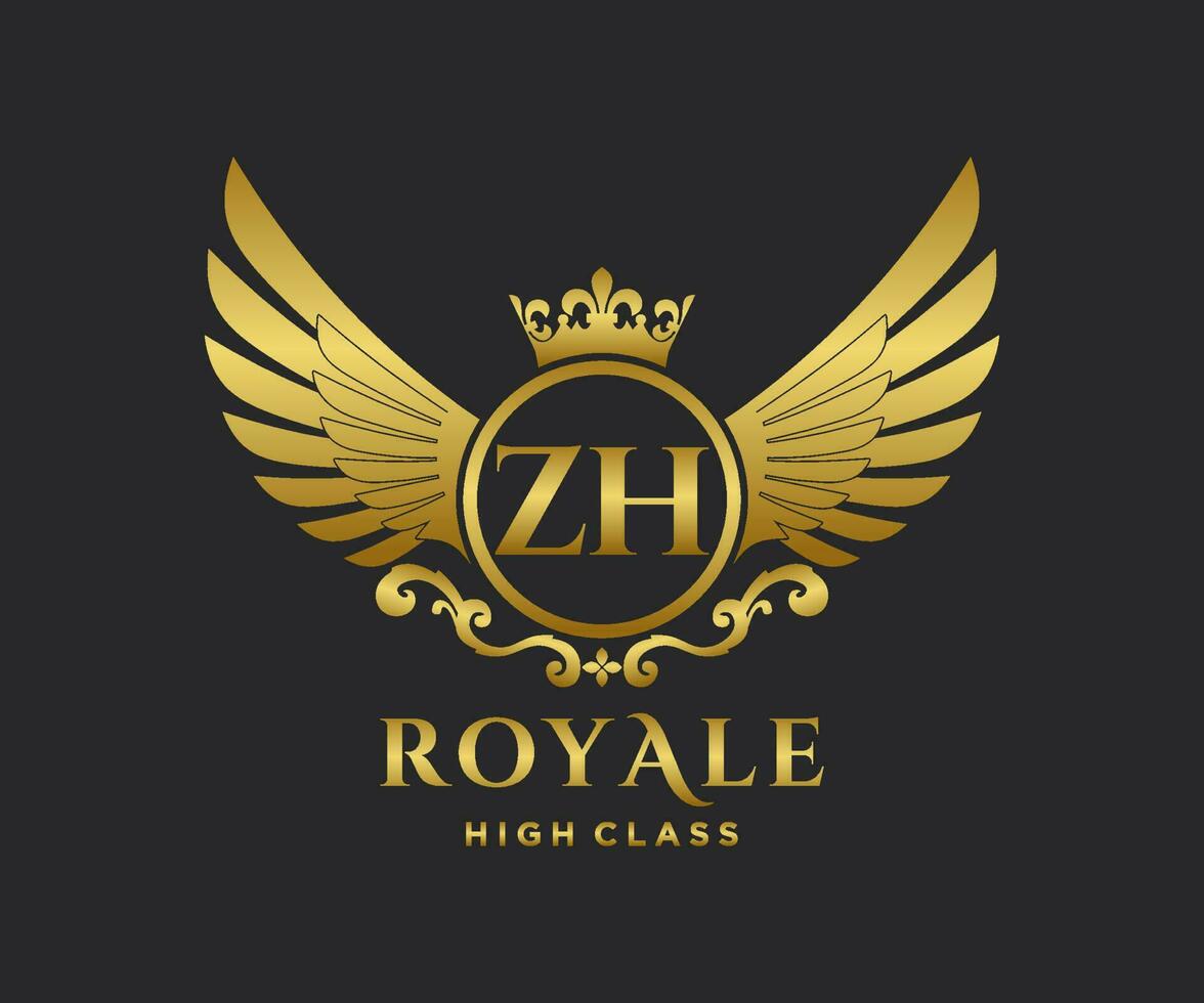 gyllene brev Z H mall logotyp lyx guld brev med krona. monogram alfabet . skön kunglig initialer brev. vektor