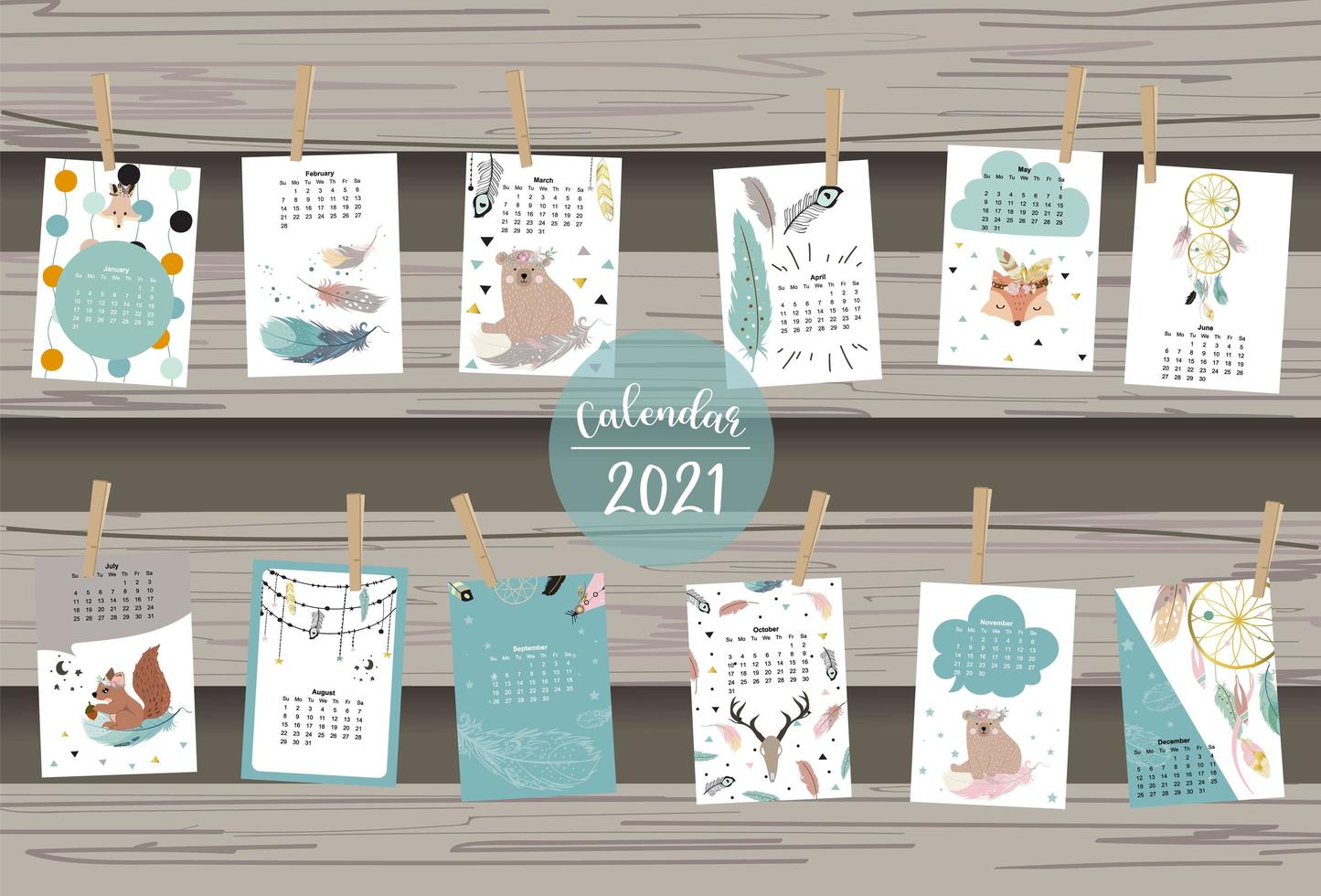 niedlicher Tierkalender 2021 mit Bär vektor