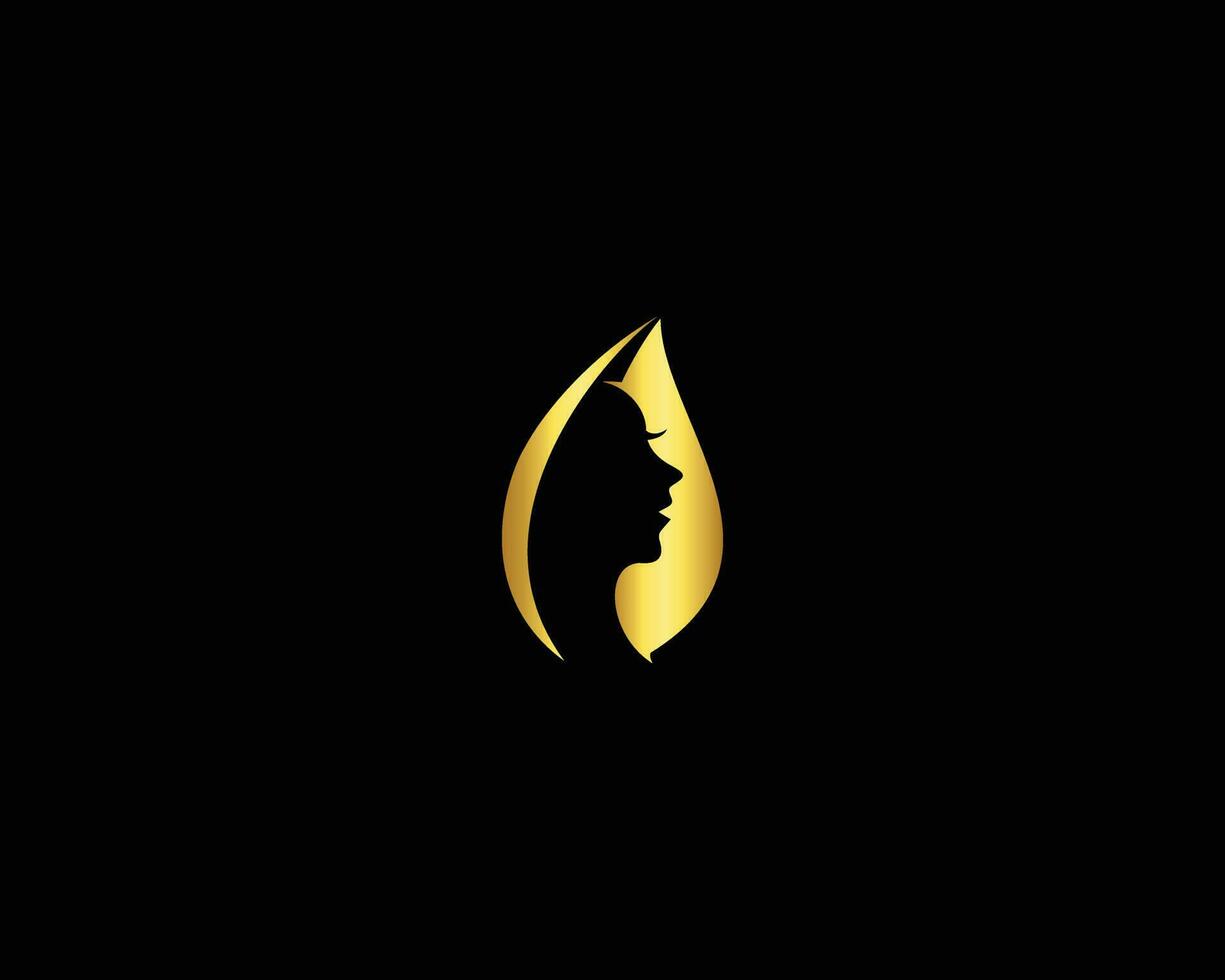 Frau golden Blatt Salon Gradient Logo Design. Schönheit Frau Gesicht mit Natur Kosmetik, Haut Pflege Vektor Illustration.