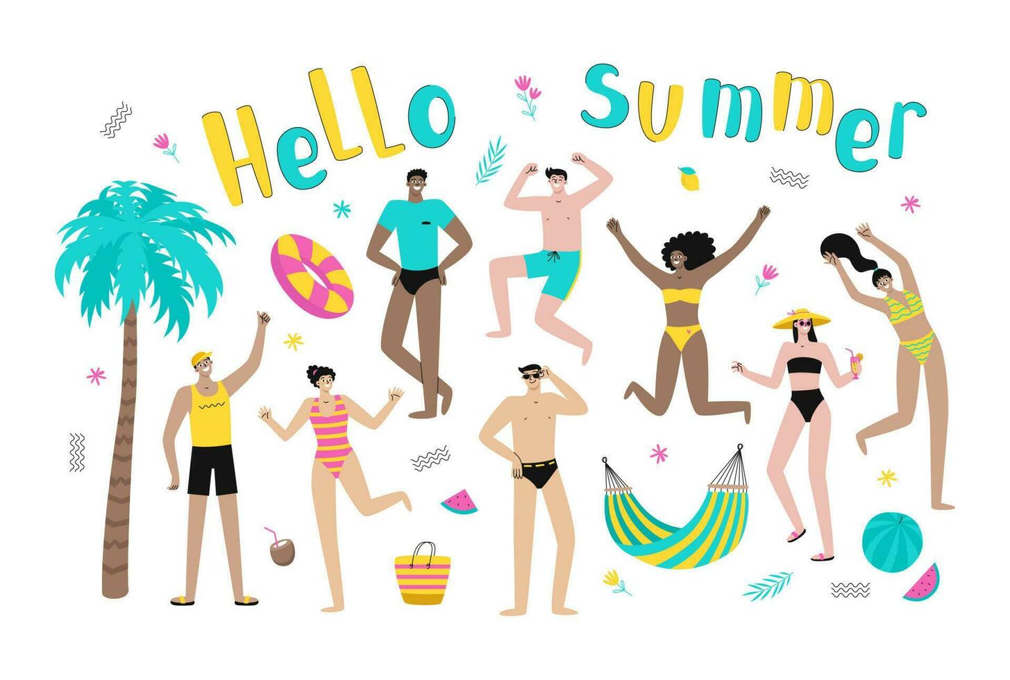 Hallo Sommer. Sommer- Strand mit glücklich jung Menschen Springen. isoliert Karikatur Vektor eben Illustration