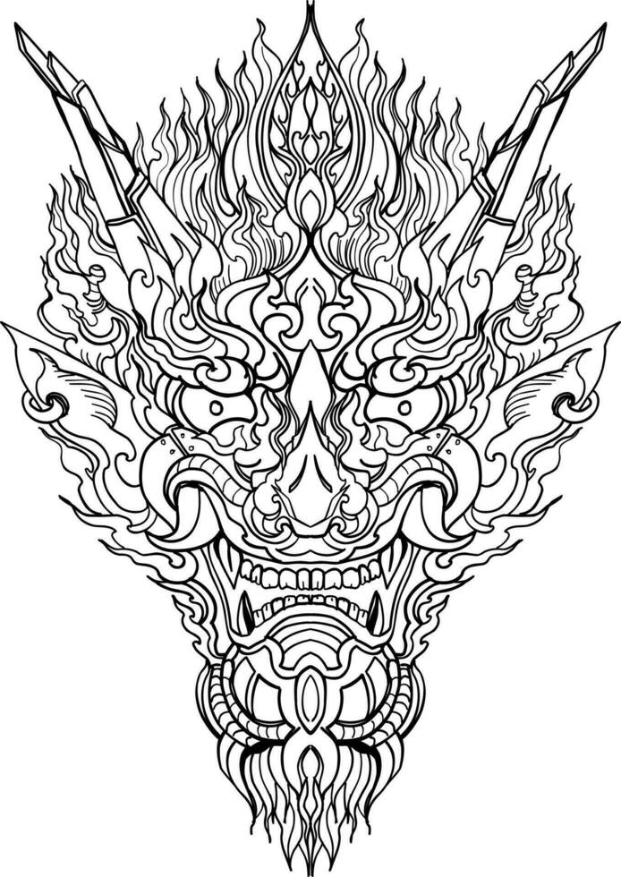 hand dragen ansikte drake och thai linje konst. isolera på vit och illustration drake.drake symboler, olika geometrisk former. vektor