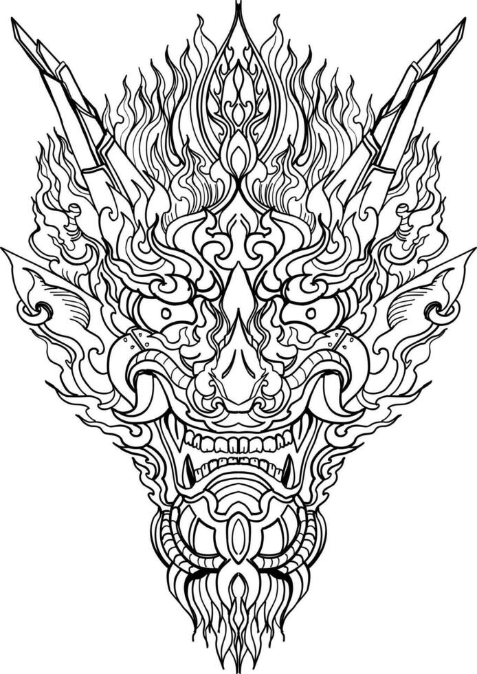 Hand gezeichnet Gesicht Drachen und thailändisch Linie Kunst. isolieren auf Weiß und Illustration Drache.Drache Symbole, verschiedene geometrisch Formen. vektor