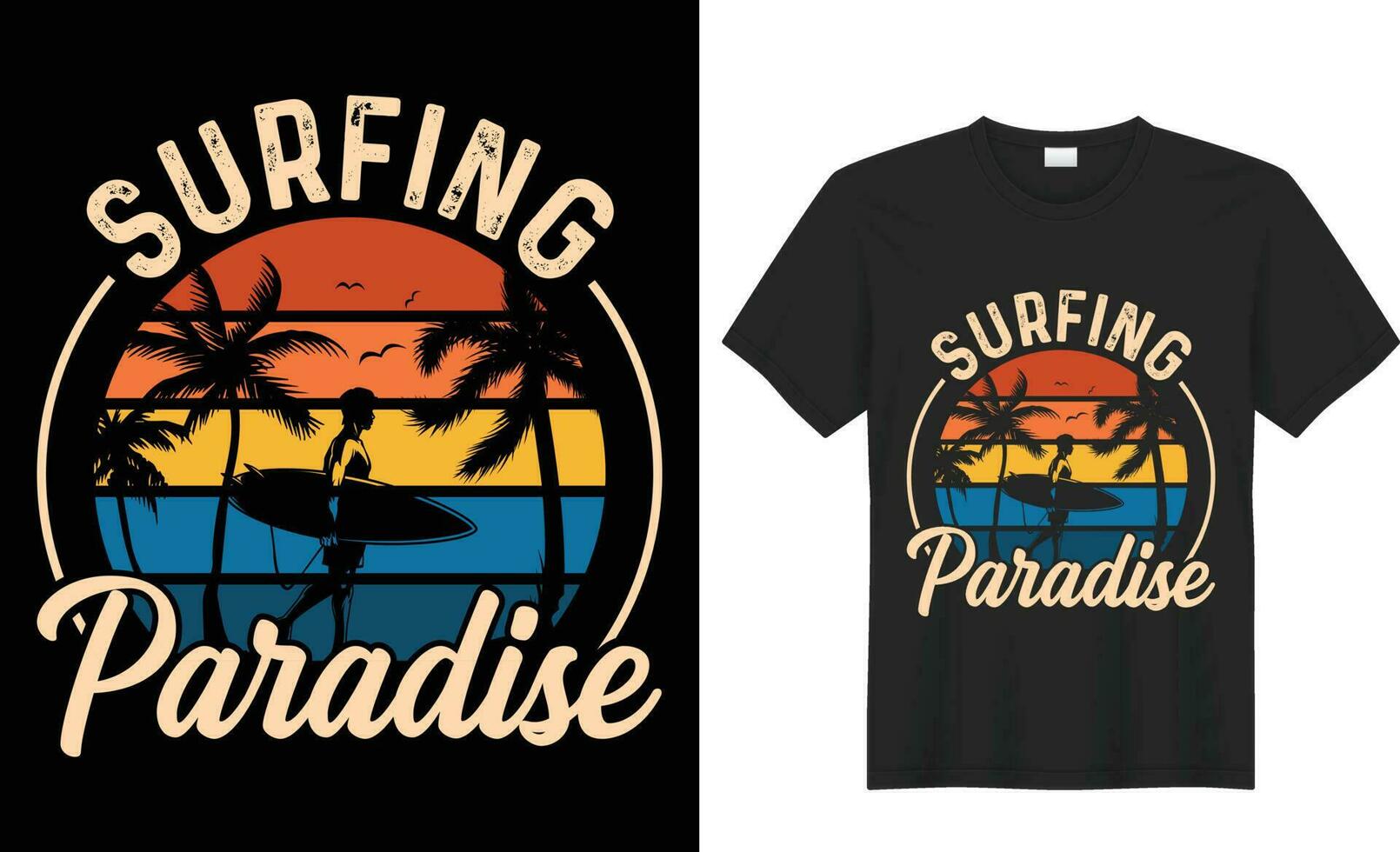 sommar t-shirt design. sommar paradis, surfa paradis, bryta de vågor, hav stranden, Kalifornien strand, santa monica strand med handflatan träd silhuetter, typografi, skriva ut, vektor illustration.global swatches.