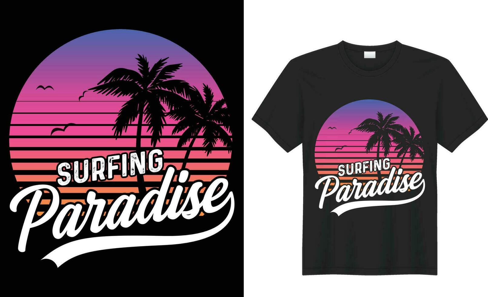 sommar t-shirt design. sommar paradis, surfa paradis, bryta de vågor, hav stranden, Kalifornien strand, santa monica strand med handflatan träd silhuetter, typografi, skriva ut, vektor illustration.global swatches.