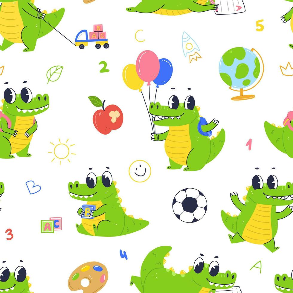 skola sömlös mönster med skola objekt och söt krokodil karaktär. vektor elementärt skola illustration bakgrund