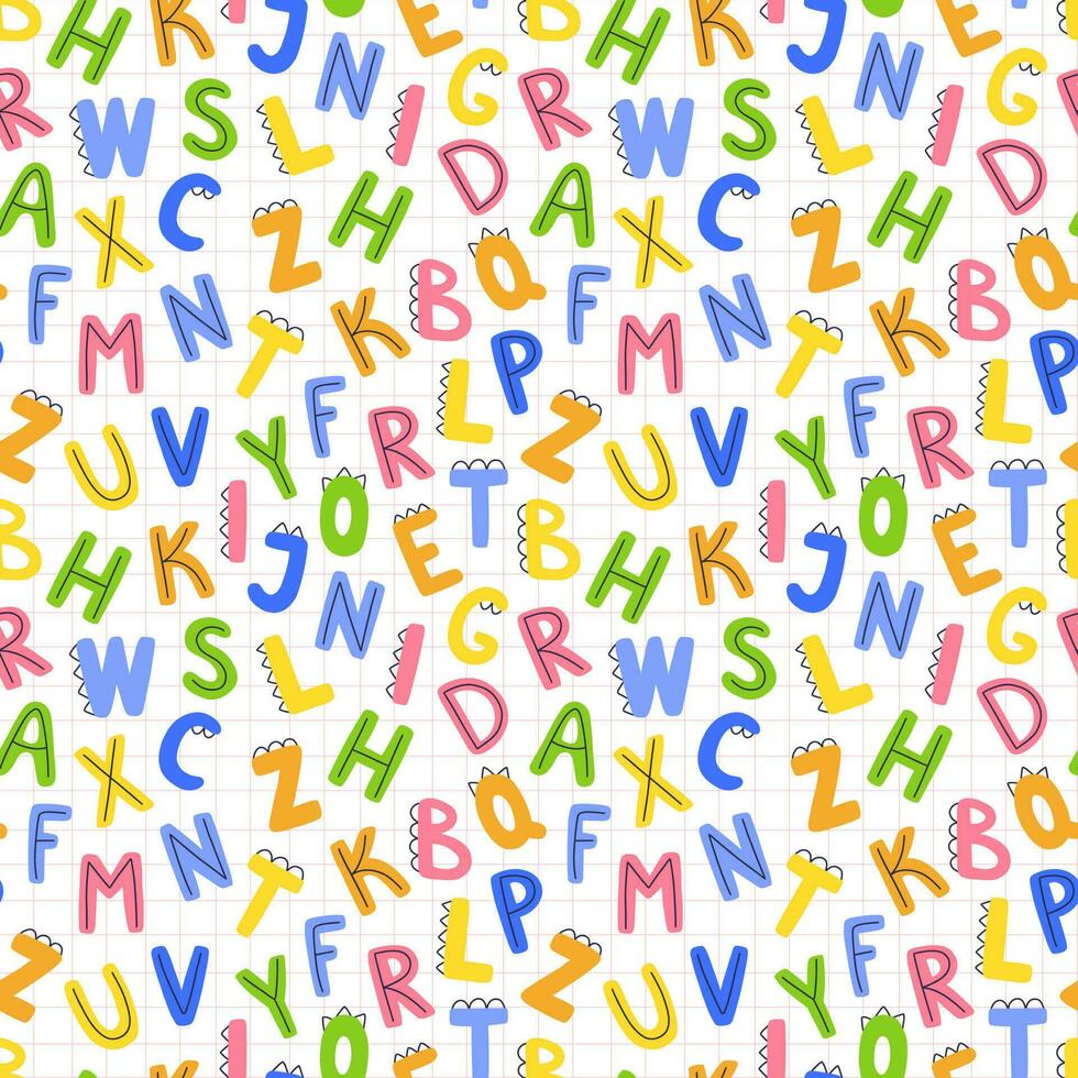 nahtlos Kinder- Muster mit bunt komisch Briefe. Vektor Illustration Hintergrund