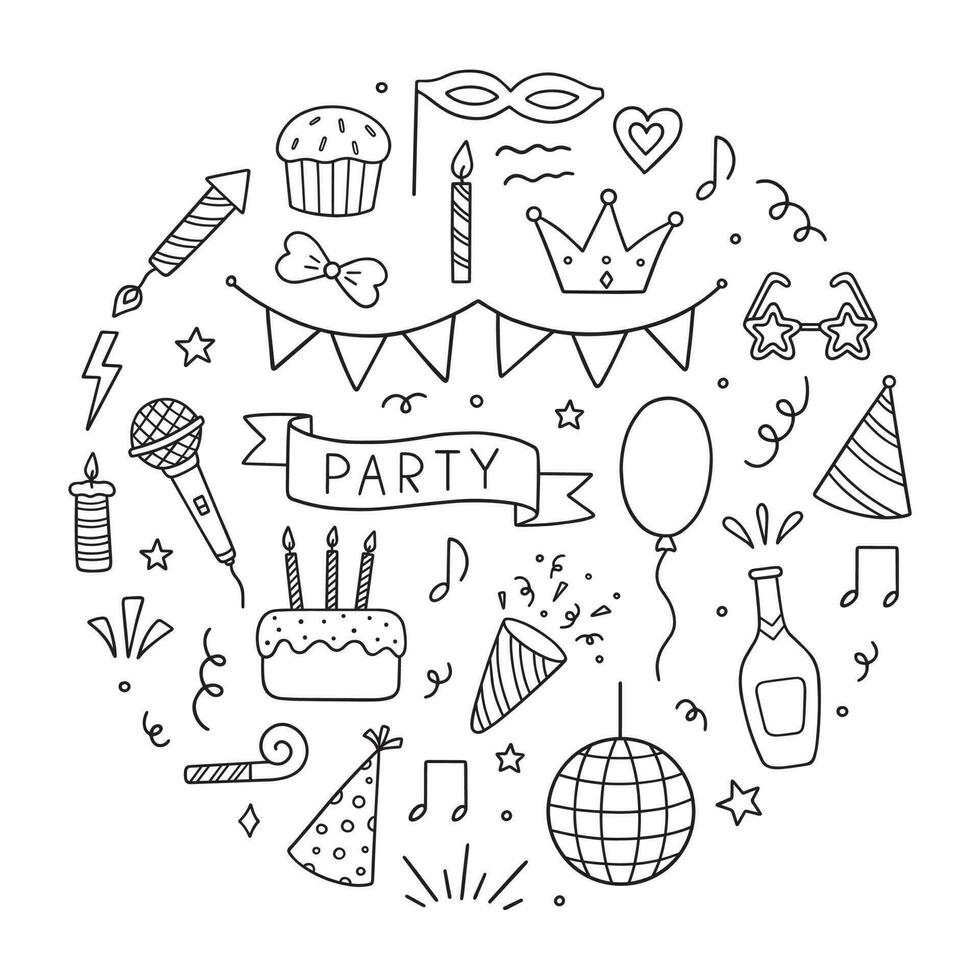 uppsättning av fest klotter. skiss av födelsedag dekoration, kaka, fest hattar i skiss stil. hand dragen vektor illustration isolerat på vit bakgrund.