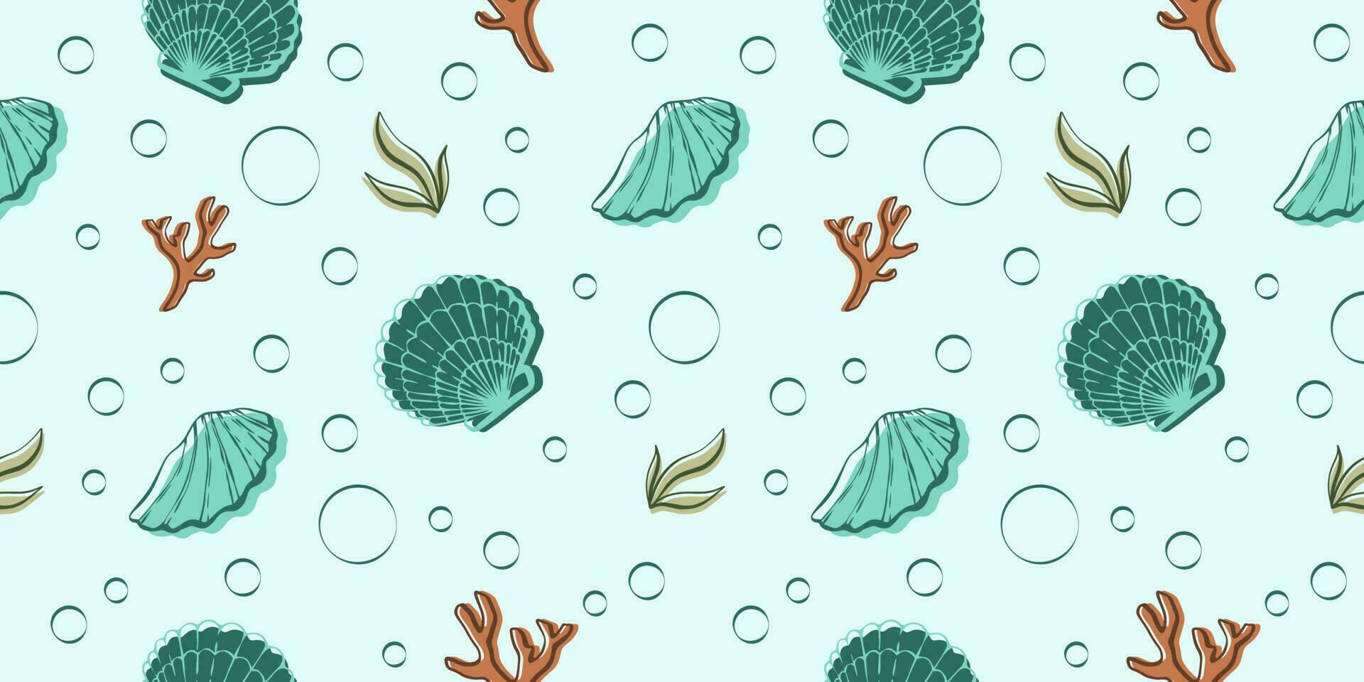 sömlös mönster med skal. vektor illustration. hav klumpar sömlös mönster. tropisk under vattnet värld.