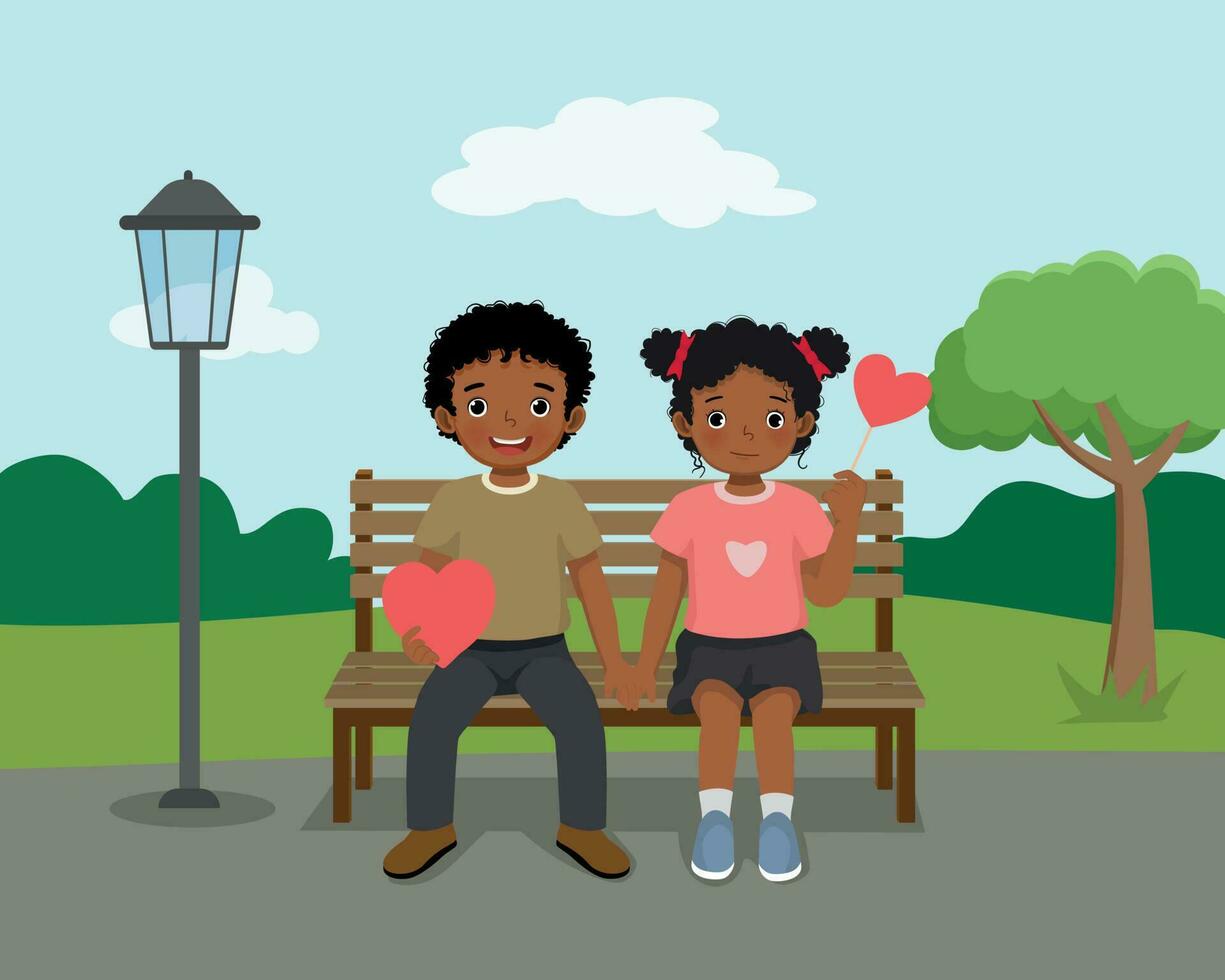 Lycklig valentine dag liten afrikansk par pojke och flicka Sammanträde på bänk innehav händer på de parkera vektor