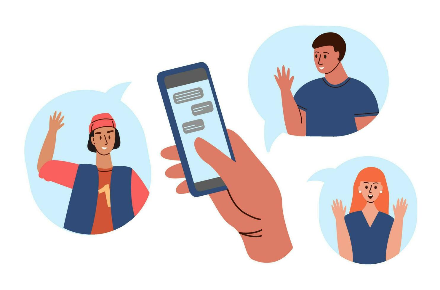 grupp av människor chattar uppkopplad. mobiltelefon skärm med vänner talande förbi internet. platt vektor illustration.