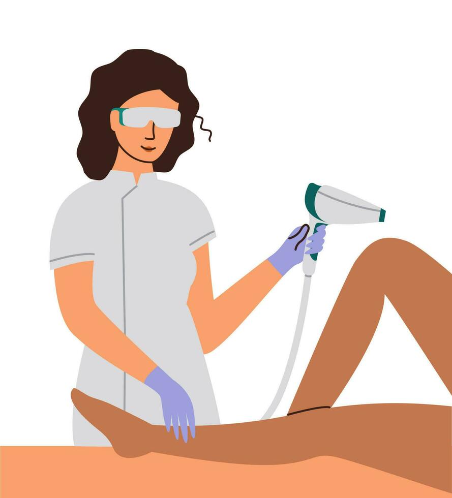 Gerät zum Schönheit und Gesundheit. Mädchen führt aus Haar Entfernung mit Laser- Gerät. eben Vektor Illustration.