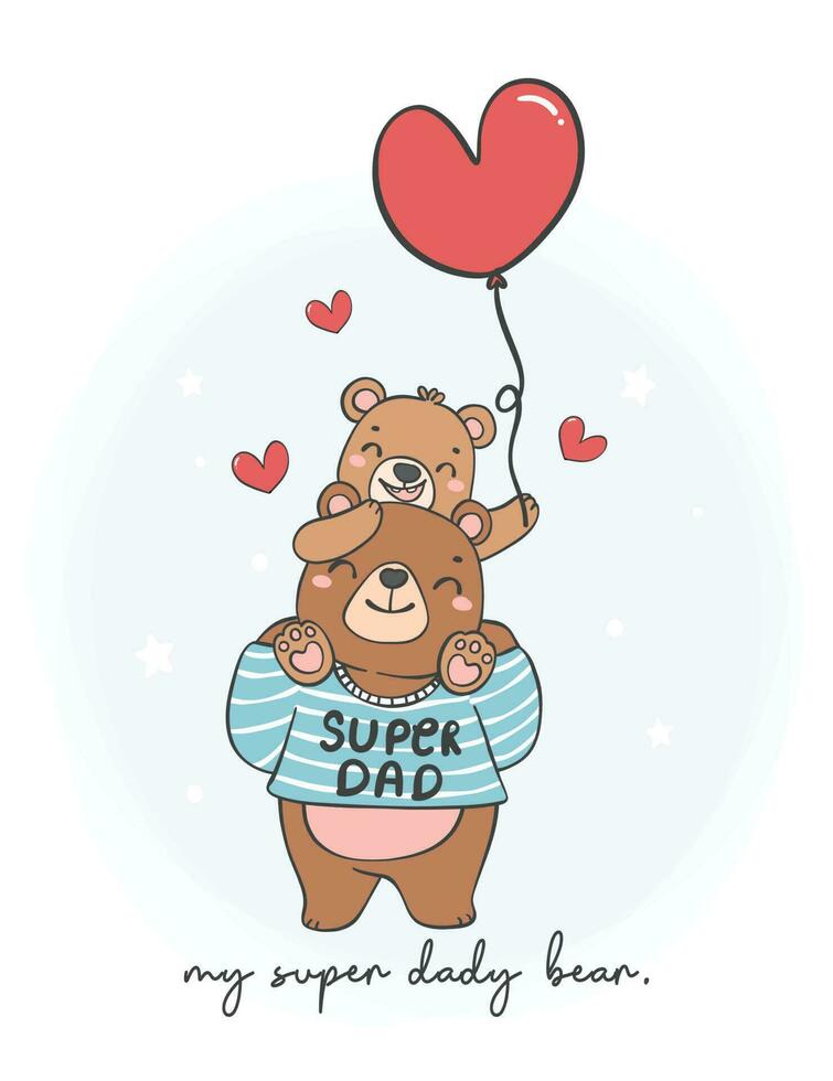 süß glücklich Vaters Tag Baby Bär auf Super Vati Bär Schulter, meine Super Held Vati tragen, Karikatur Charakter Hand Zeichnung Gekritzel Umriss. vektor