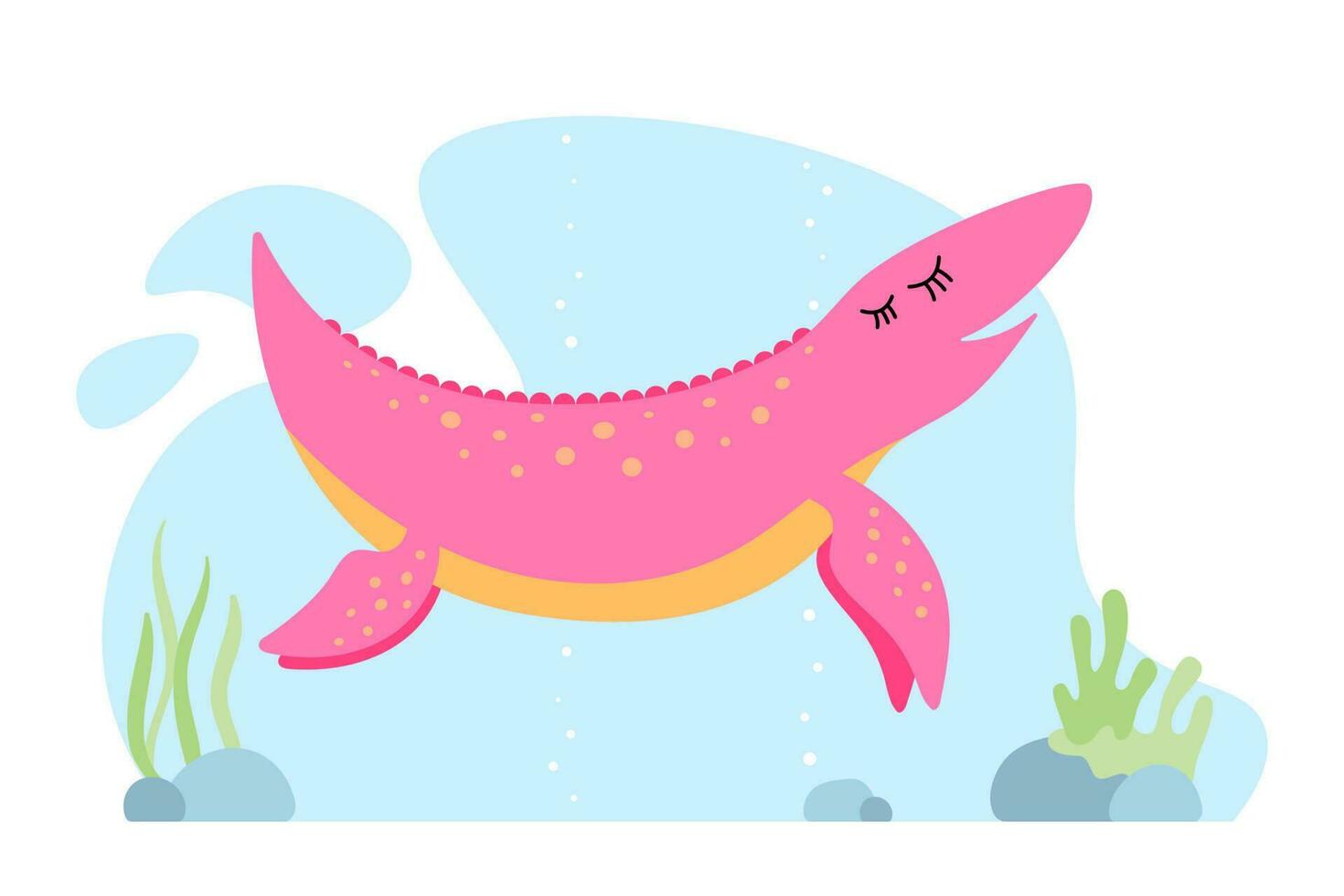 söt rosa dino. snäll leende ichthyosaur dinosaurie karaktär. tecknad serie stor utdöd marin reptil grafisk design skriva ut baner. kreativ flickaktiga ichthyosaurus. simning vatten- vilda djur och växter varelse. eps vektor