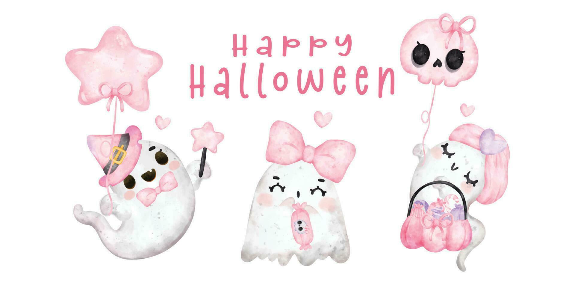 Gruppe von süß glücklich Lächeln kawaii Rosa Geist glücklich Halloween Banner, Karikatur Charakter Aquarell Hand gemalt Vektor