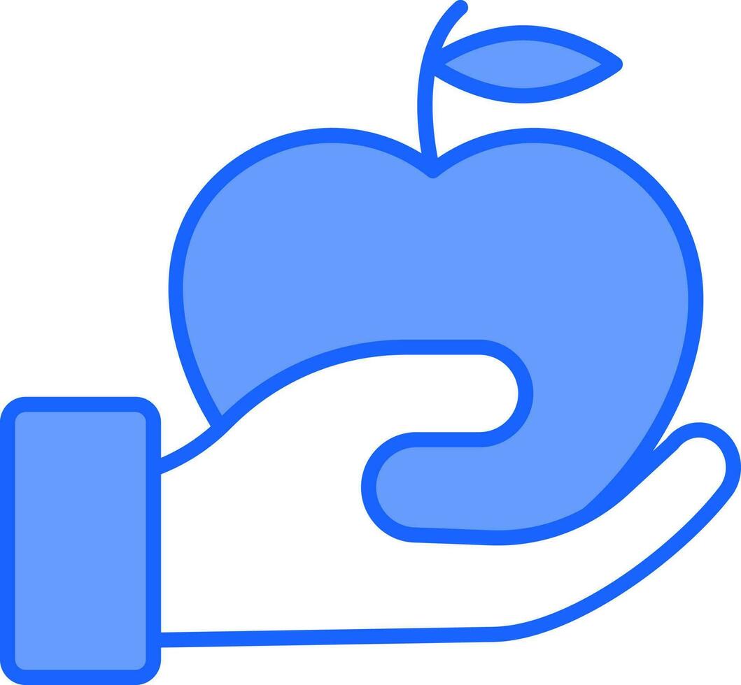 hand innehav äpple ikon i blå och vit Färg. vektor