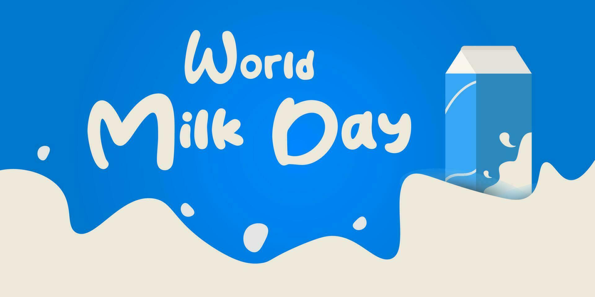värld mjölk dag. färsk mjölk begrepp baner kort full flaska och glas på en blå bakgrund. vektor illustration