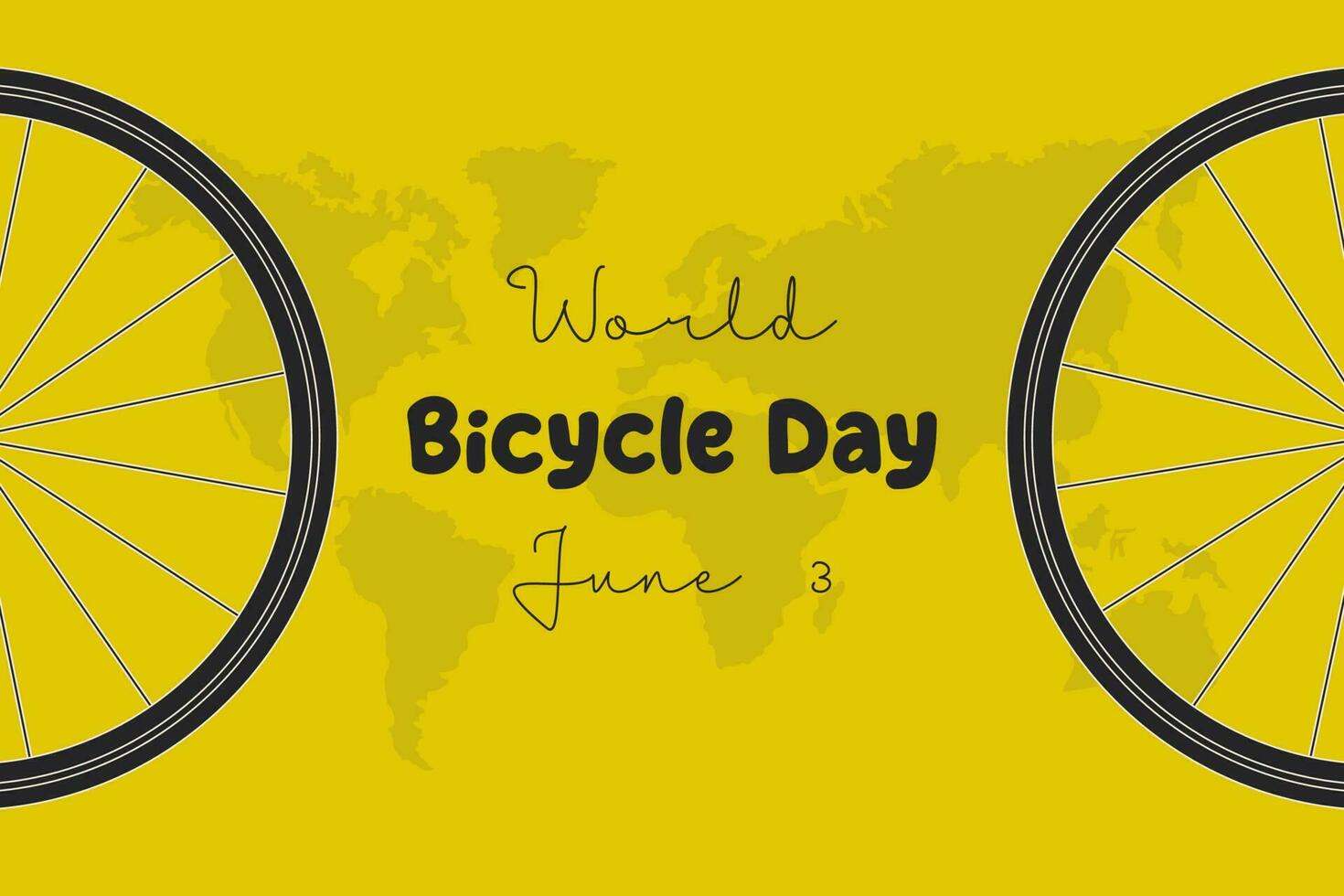 Welt Fahrrad Tag auf Juni 3 mit Karten und Fahrrad Räder auf Gelb Hintergrund. Vektor Illustration.