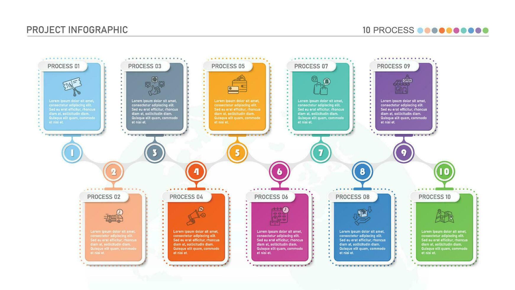 horizontal Zeitleiste oder Flussdiagramm mit zehn Platz Elemente und Raum zum Daten. Konzept von 09 aufeinanderfolgend Schritte von Unternehmen Verfahren. vektor