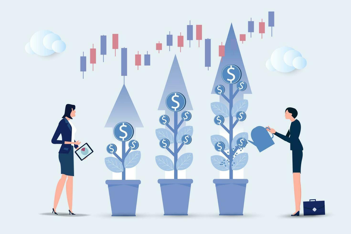 kvinna vattning mynt krukväxt, träd växer. framgångsrik investerare övervaka inkomst. investeringar och finans tillväxt affärsidé. vektor illustration.