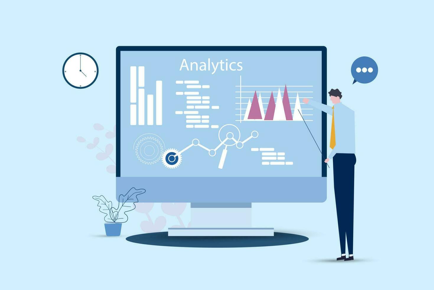 Marketing Konzept Geschäftsmann ist Stehen durch Fenster Bildschirm mit analytisch Daten. statistisch Daten mit Diagramme und Diagramme. finanziell Digital Zeitplan. Vektor Illustration.