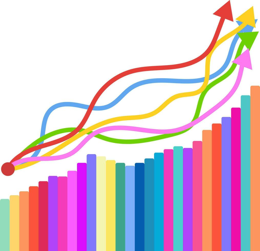 bunt Bar Graph Wachstum und oben Pfeile. finanziell und Investition Konzept Bar Diagramm. vektor