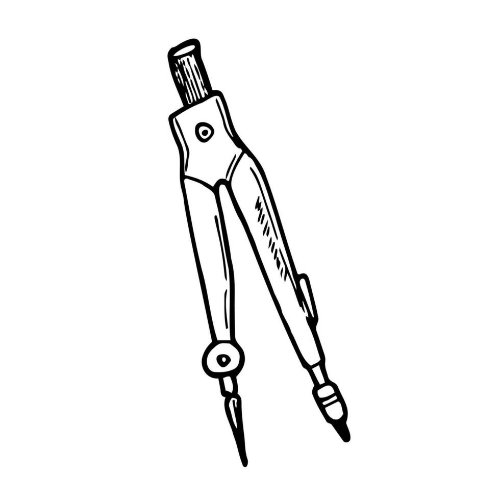 teknisk kompass hand dragen översikt klotter ikon. öppnad kompass med justering knopp för teckning cirklar i geometri vektor skiss illustration för skriva ut, webb, mobil och infografik.