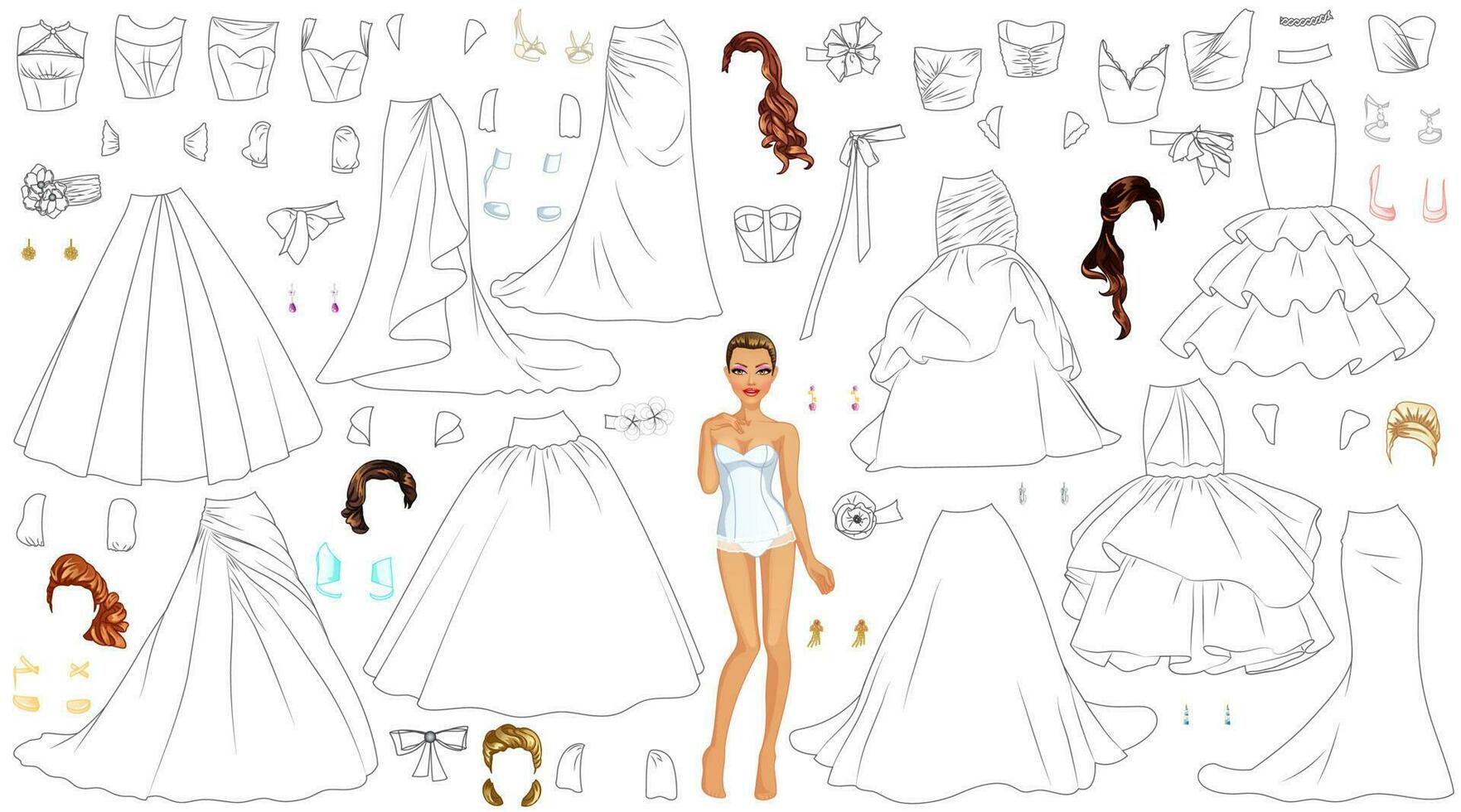 bröllop klänning färg sida papper docka med kläder, frisyrer, skor och Tillbehör. vektor illustration