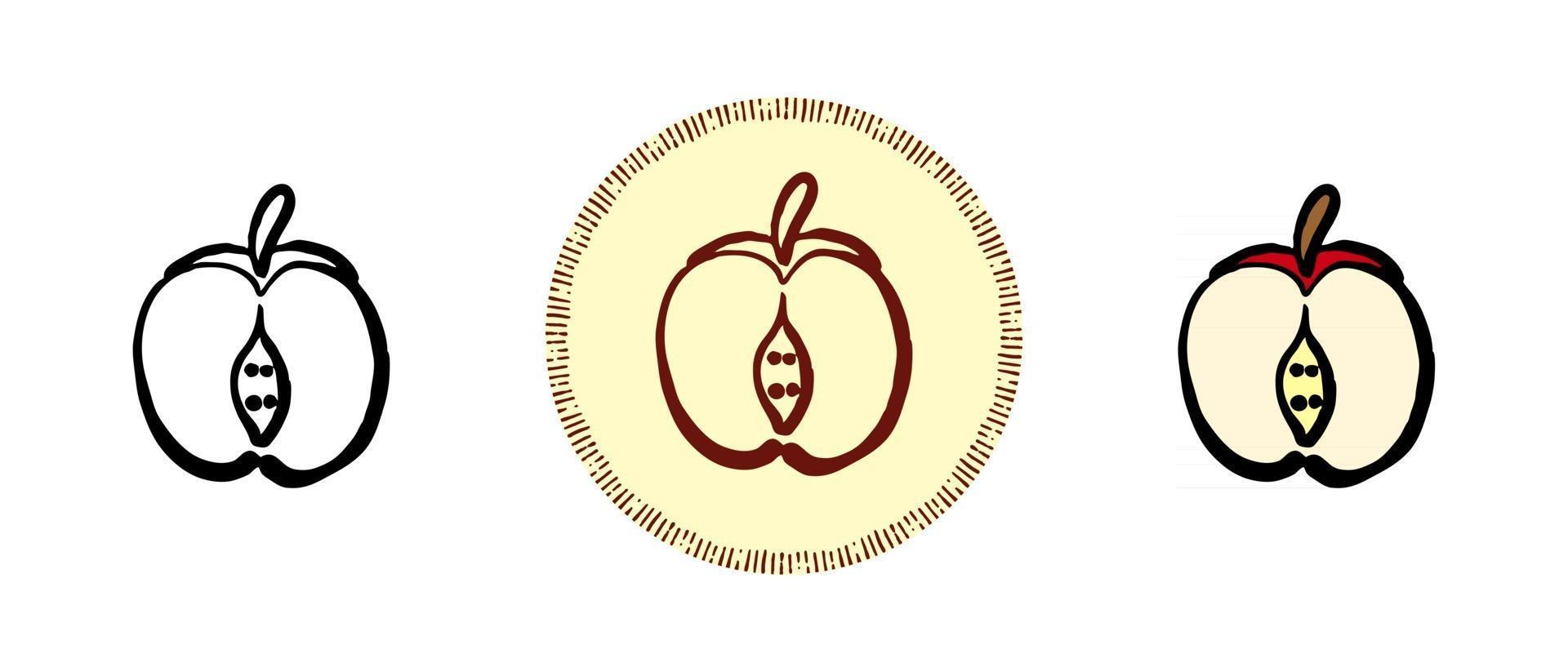 kontur och färg och retro symboler för ett klippt äpple vektor
