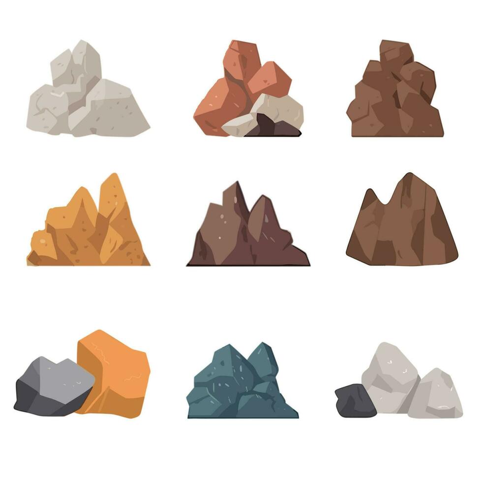 vektor illustration samling av objekt, stenar, berg, för använda sig av i natur scener. ljus toner, enkel stil.