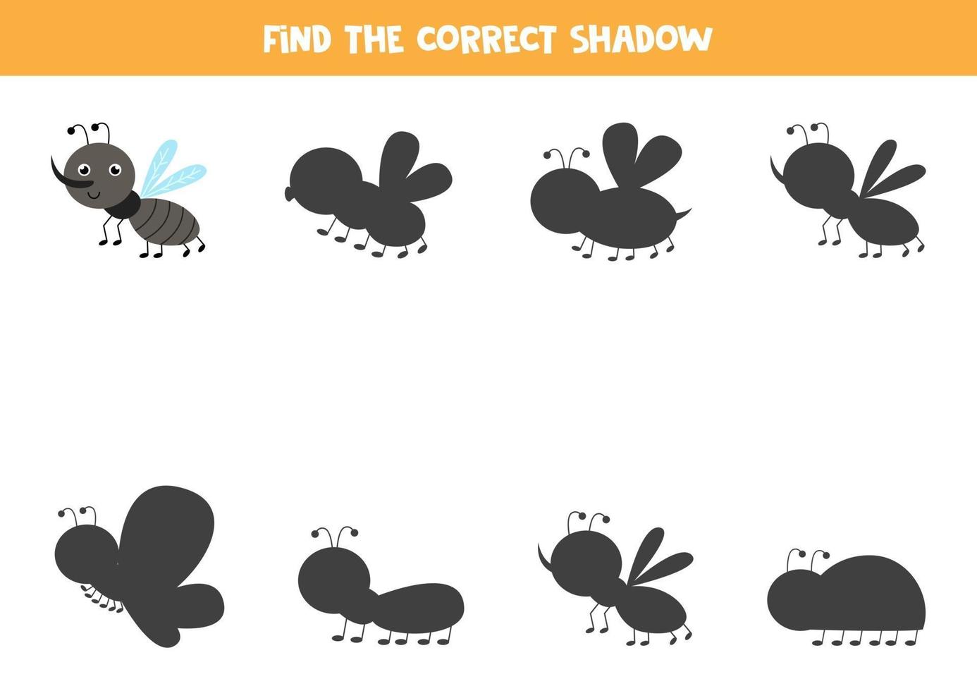 hitta rätt skugga av söt mygg. logiskt pussel för barn vektor