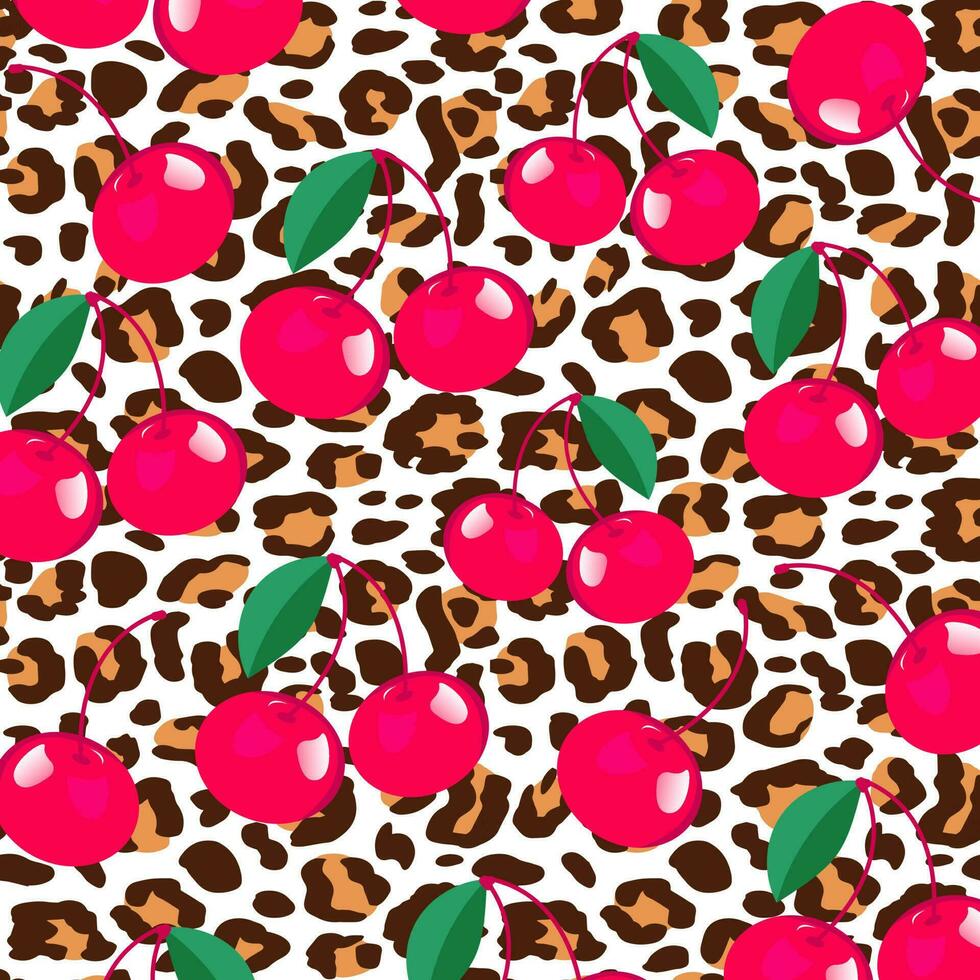 röd körsbär sömlös mönster. röd bär på leopard bakgrund vektor