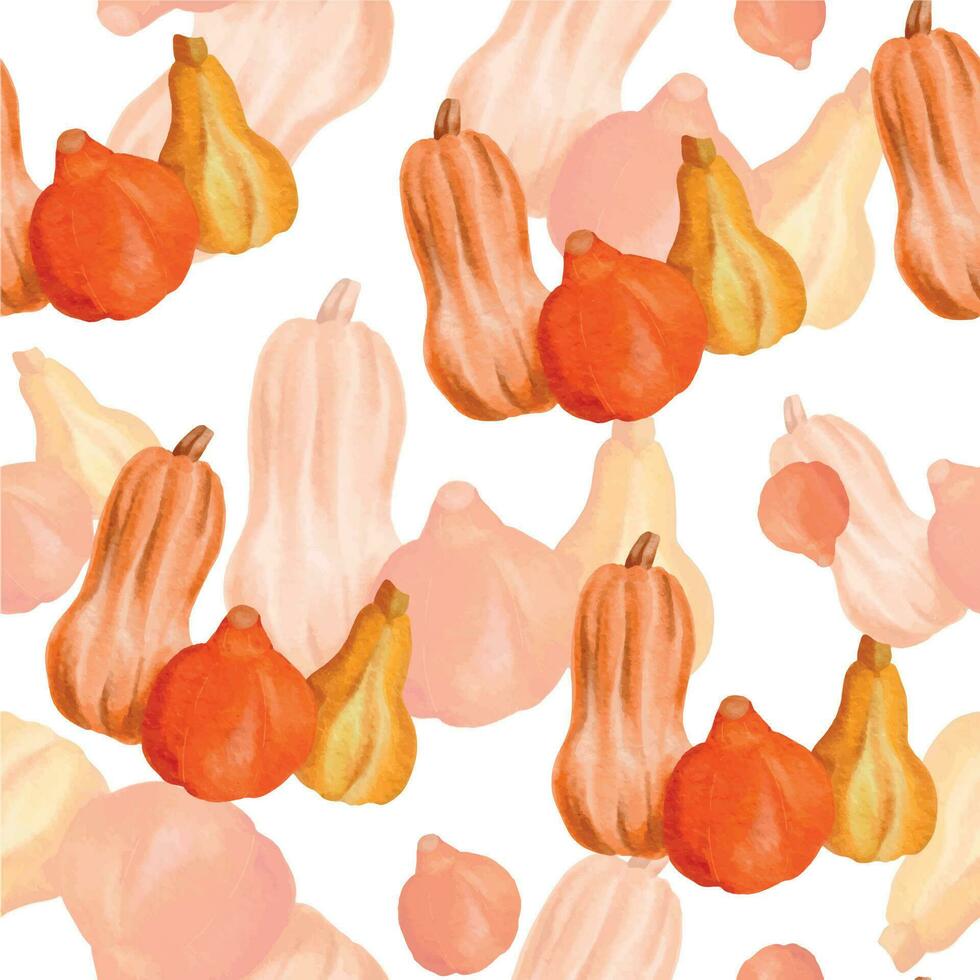 sömlös vattenfärg mönster med pumpor. ljus gul och orange pumpor. för halloween tacksägelse design papper textil- skörda firande falla höst säsong. sömlös höst pumpa bakgrund vektor