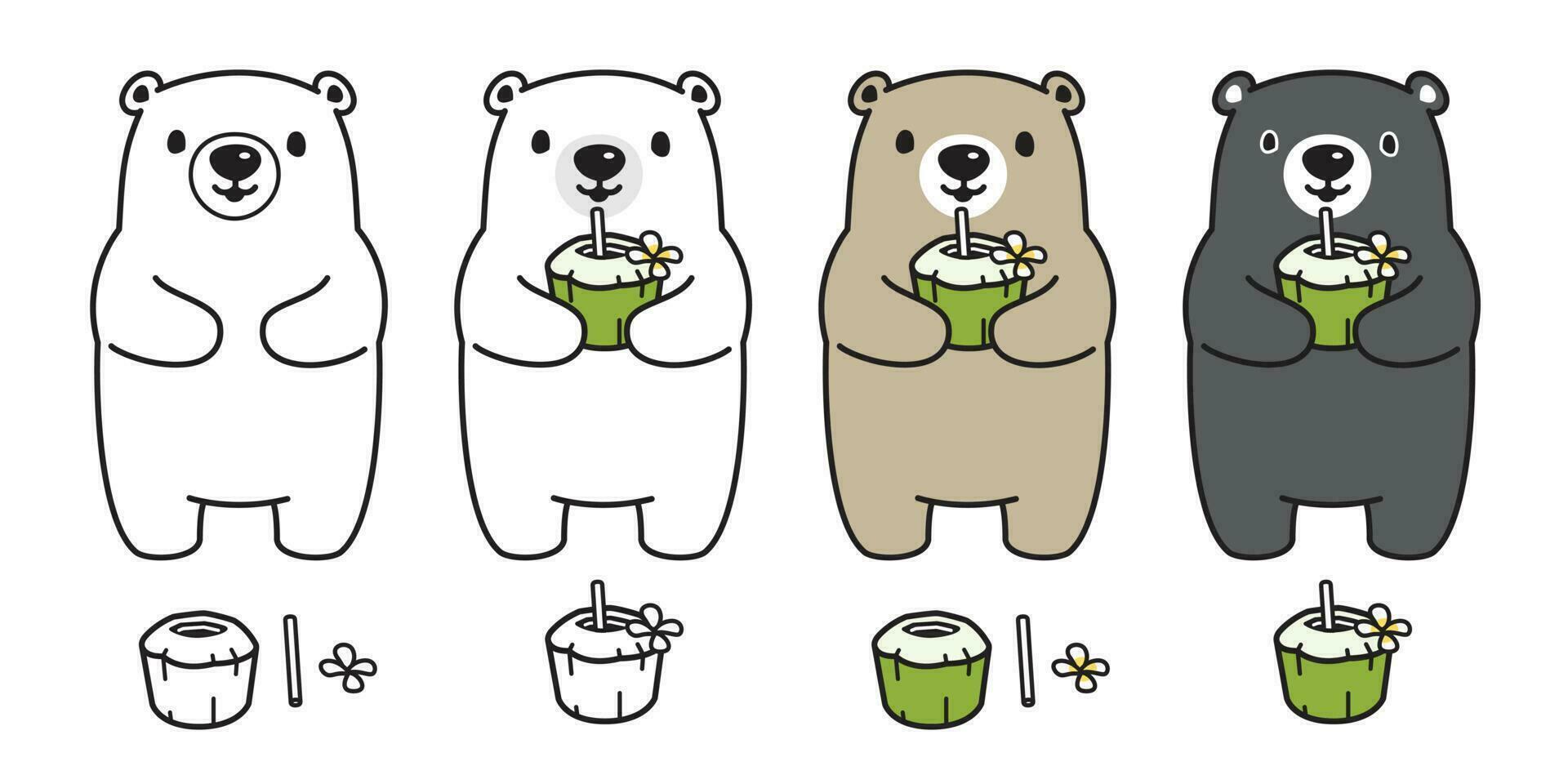 Bär Vektor Polar- Bär Kokosnuss Wasser trinken Saft Sommer- Karikatur Charakter Symbol Logo Gekritzel Illustration