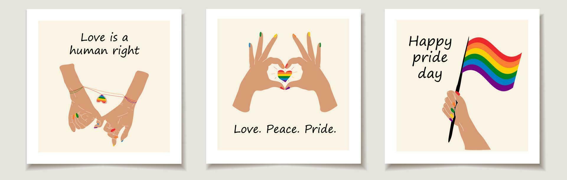 uppsättning av stolthet dag kort med uppsättning av tre händer som visar HBTQ hjärta. kärlek, månad stolthet vektor