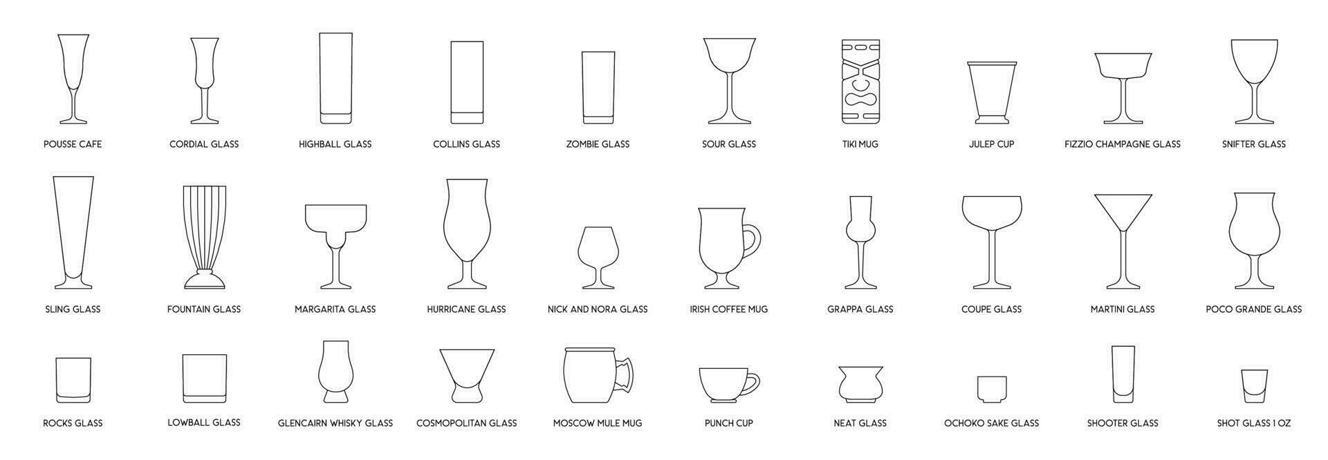 Cocktail Brille Satz, Linie Stil Vektor Illustration