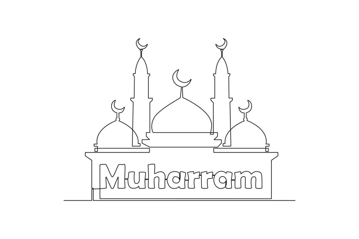 Single eine Linie Zeichnung Moschee mit muhafram Dekorationen. islamisch Neu Jahr Konzept. kontinuierlich Linie Zeichnung Illustration vektor