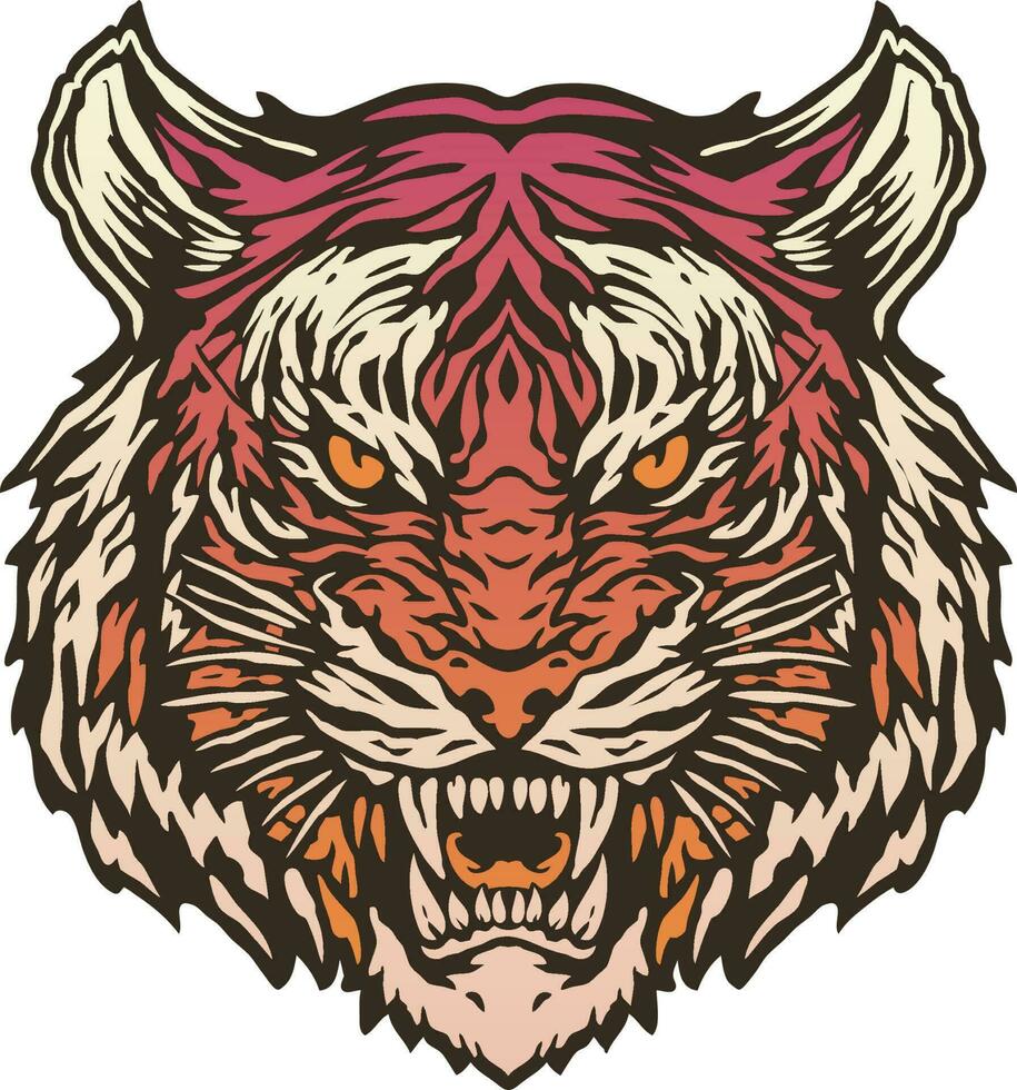 de huvud av en tiger med en stor flin med färgrik årgång tatuering stil illustration vektor