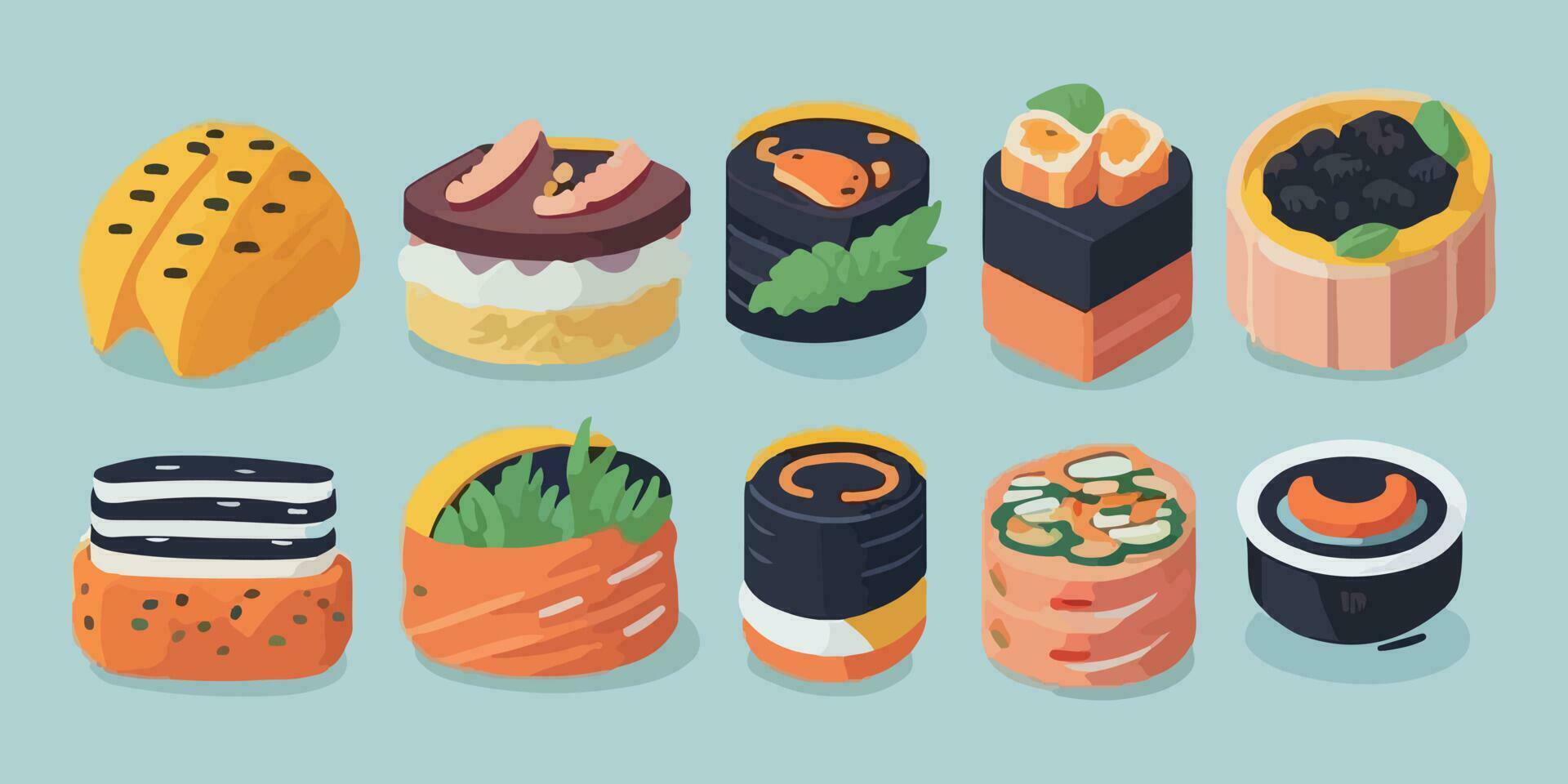 fesselnd Sushi Abenteuer, spielerisch Vektor Illustration mit bunt Rollen